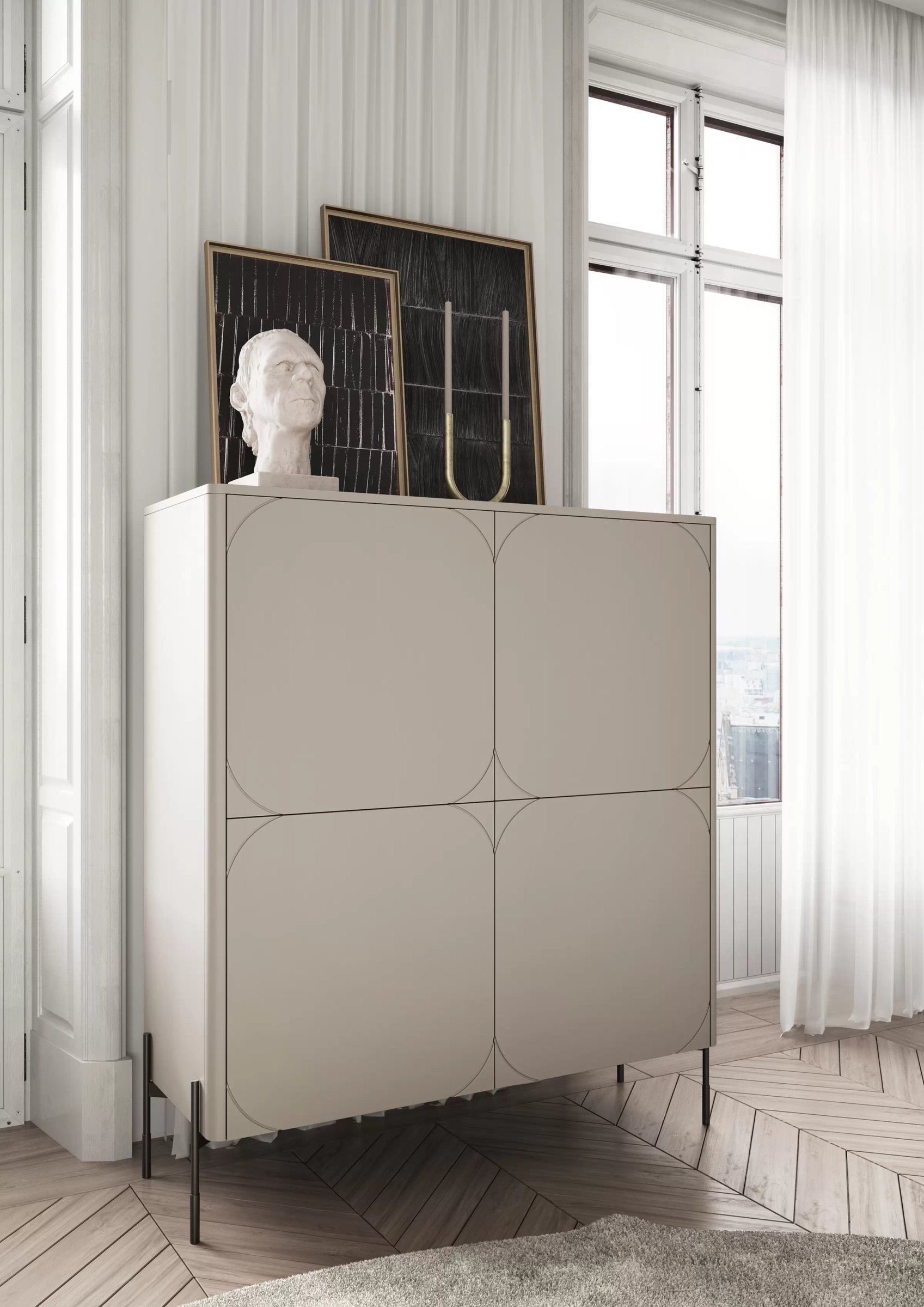 Vysoká komoda Sonatia 120 cm s 2 skrytými zásuvkami – kašmírová Komoda Sonatia 120 cm dvojdverový s dvoma ukrytymi zásuvkami - kašmír