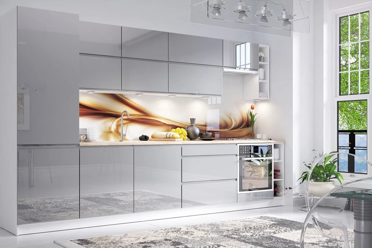 Kuchyňská sestava Aspen 340 cm – šedý lesk Kuchyně Aspen Šedý lesk - 340cm - Komplet nábytku kuchyňského