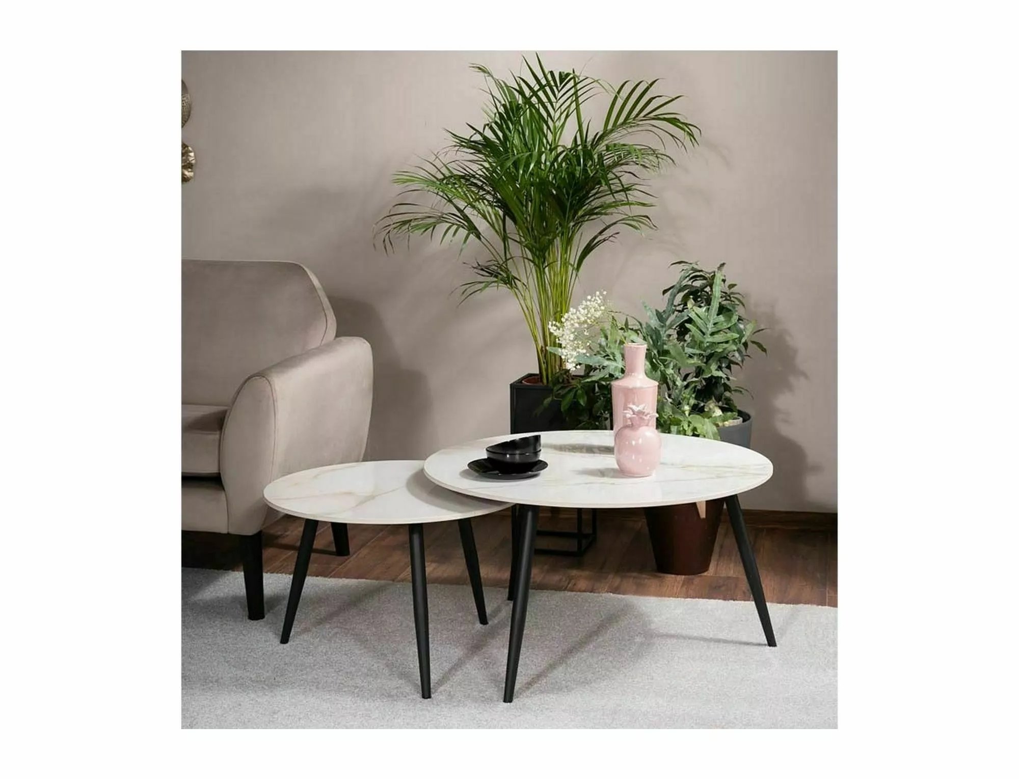 Súprava konferenčných stolíkov Kora D - biela / mramorový efekt / čierny mat Konferenčný Stolík kora d biaLy fi80 fi60/ Čierny mat Komplet