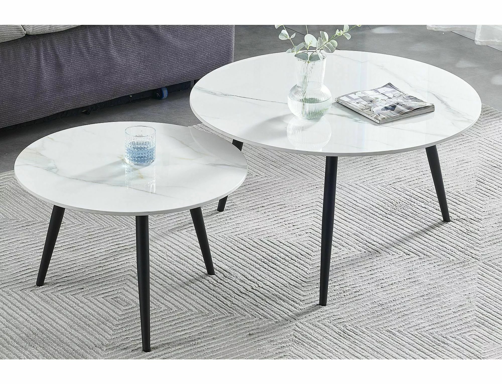 Súprava konferenčných stolíkov Kora D - biela / mramorový efekt / čierny mat Konferenčný Stolík kora d biaLy fi80 fi60/ Čierny mat Komplet