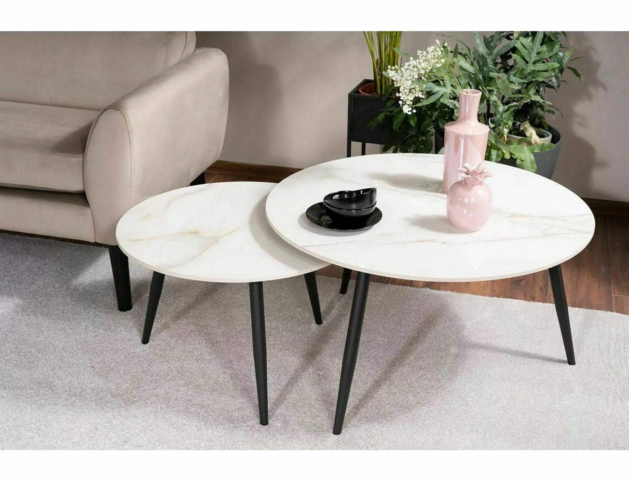 Súprava konferenčných stolíkov Kora D - biela / mramorový efekt / čierny mat Konferenčný Stolík kora d biaLy fi80 fi60/ Čierny mat Komplet