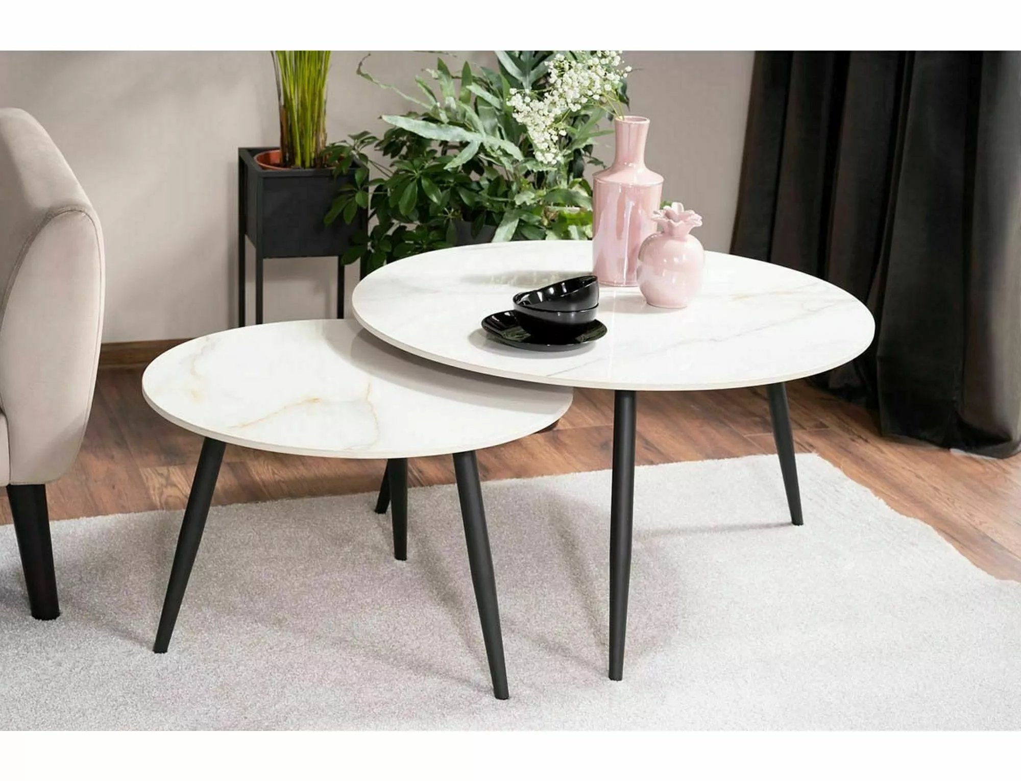 Súprava konferenčných stolíkov Kora D - biela / mramorový efekt / čierny mat Konferenčný Stolík kora d biaLy fi80 fi60/ Čierny mat Komplet