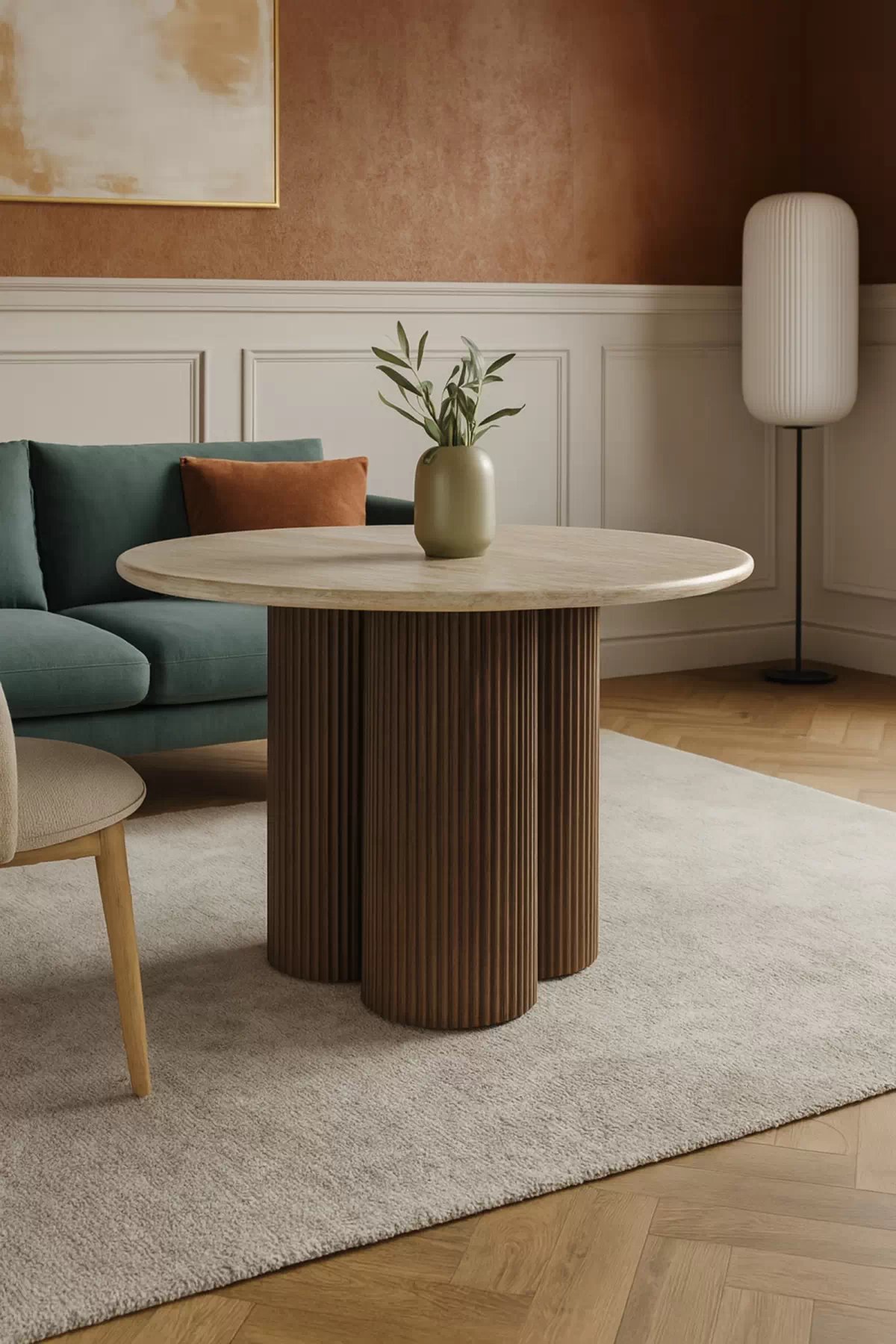 Konferenční stolek Dorotea 80 cm - travertin / ořechová Konferenční stolek okragla Dorotea 80 cm pro obývacího pokoje - travertin / ořechový