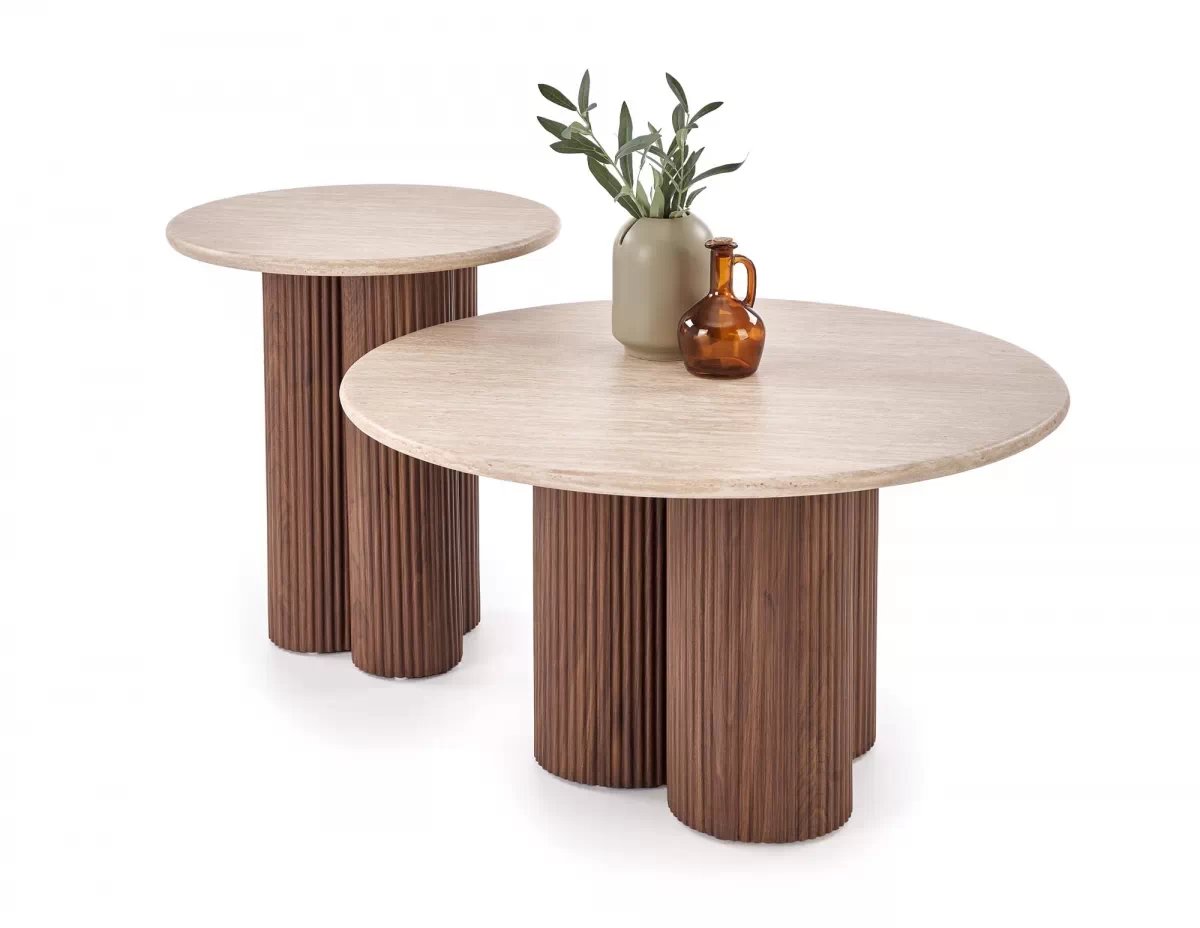 Konferenční stolek Dorotea S 50 cm - travertin / ořechová Konferenční stolek okragla Dorotea S 50 cm pro obývacího pokoje - travertin / ořechový