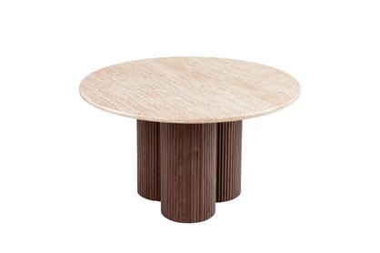 Kulaty konferenční stolek Massia 80 cm do obývacího pokoje - travertin / ořech