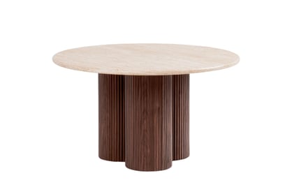 Kulaty konferenční stolek Massia 80 cm do obývacího pokoje - travertin / ořech