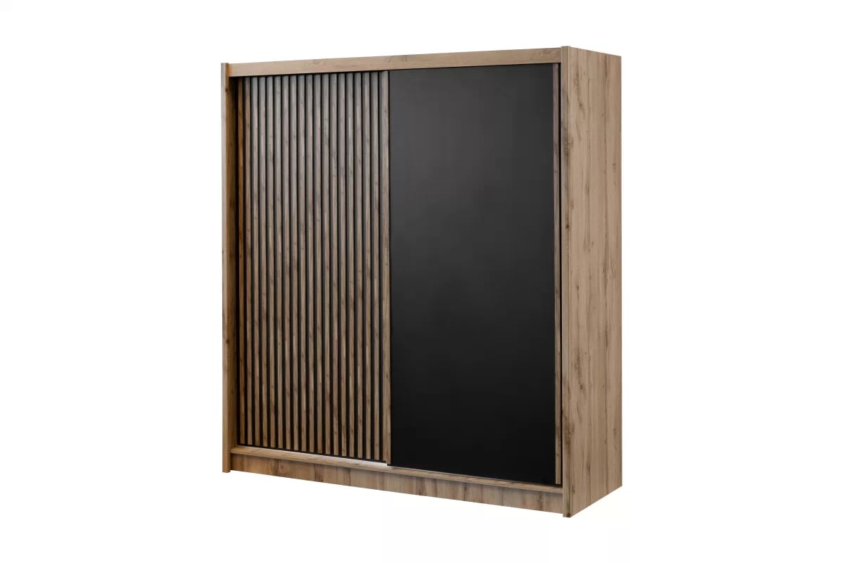 Skriňa s posuvnými dverami s lamelami London 203 cm - Dub wotan / Čierny Skriňa s posuvnými dverami z lamelami London 203 cm - Dub wotan / Čierny 