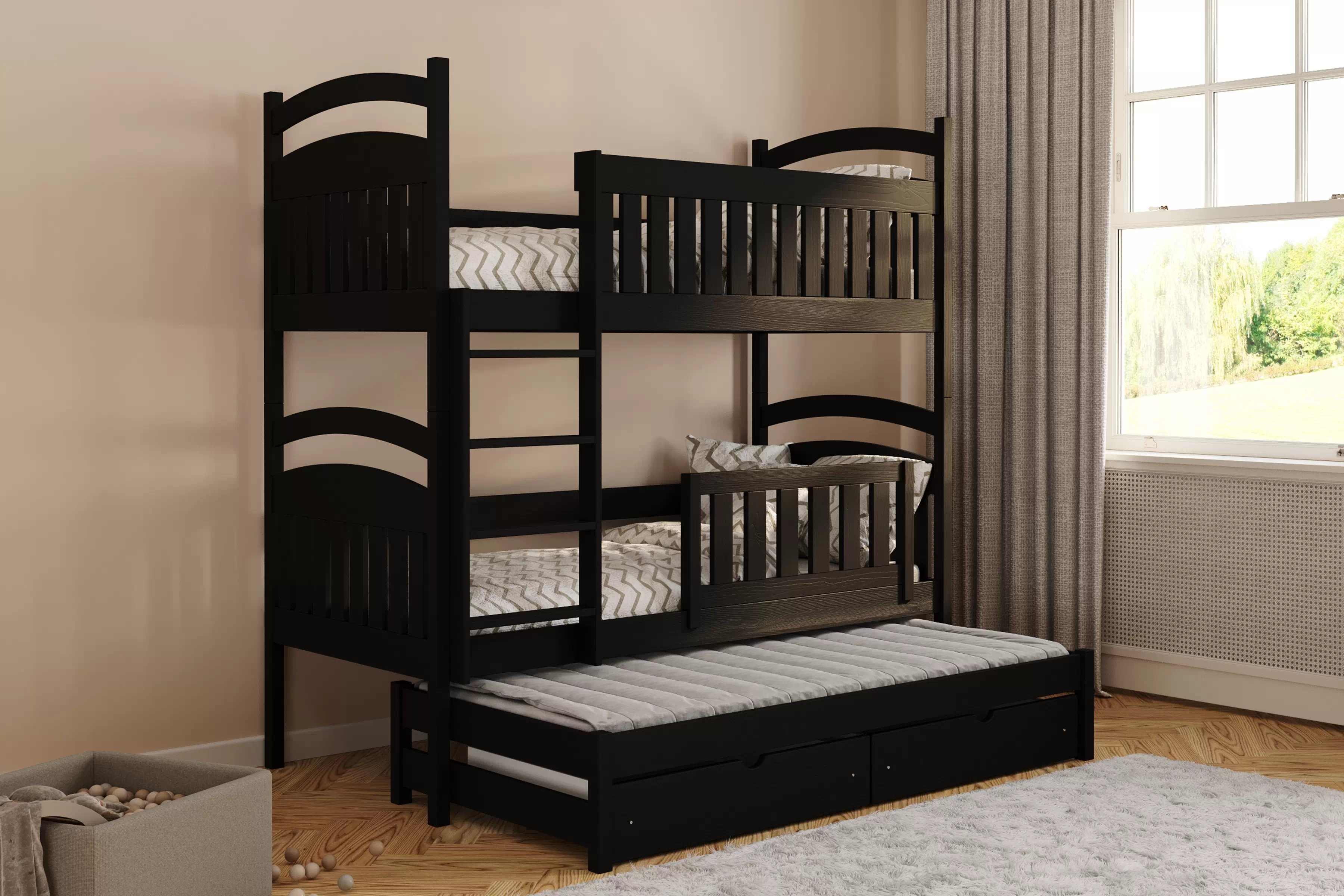 Poschodová posteľ Amely s prístelkou a tabuľou stierateľnou za sucha - 80x180 cm - čierna Posteľ Amely 80x180 poschodová výsuvna - Čierny