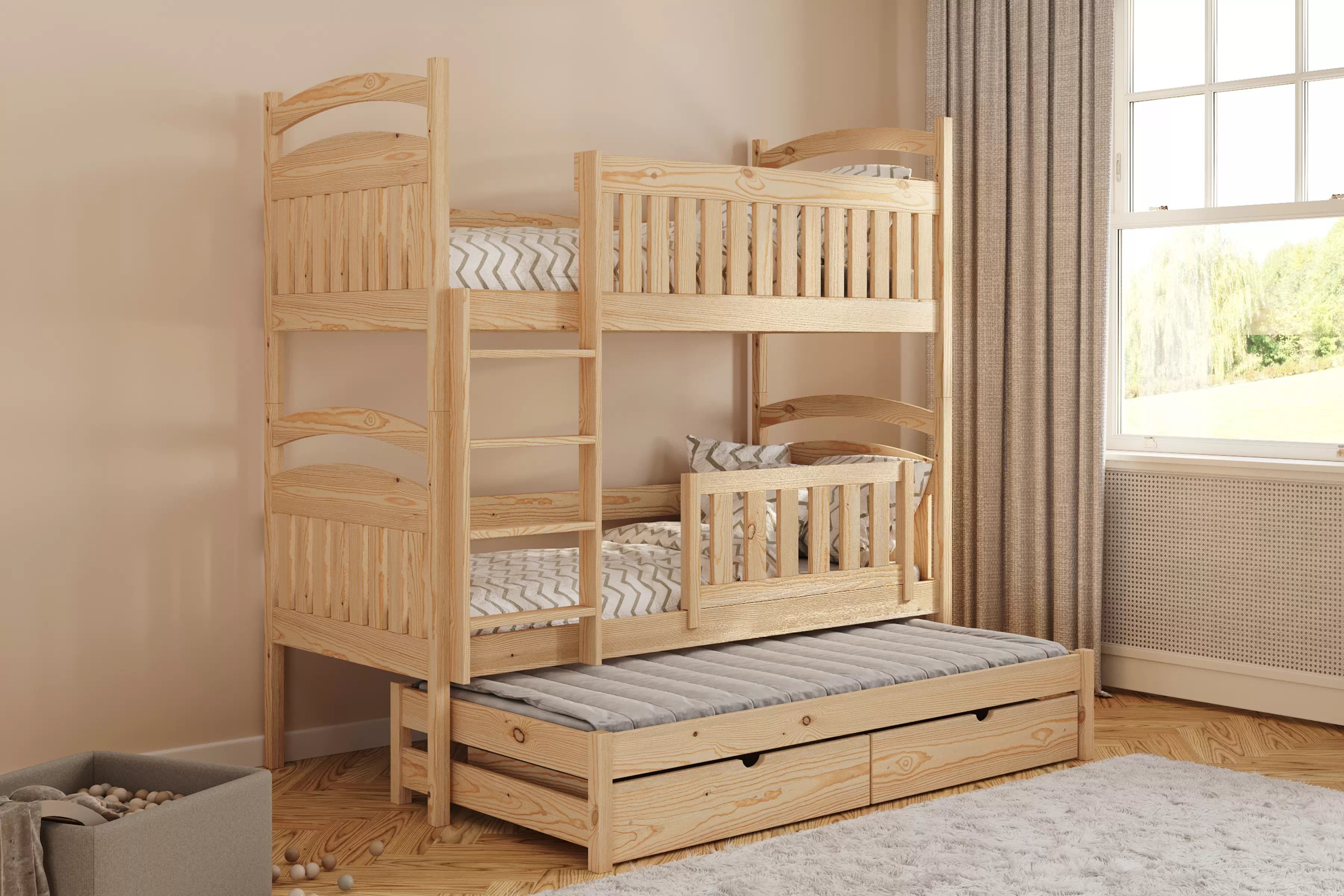 Posteľ detská poschodová výsuvna 3 os. Amely - Farba Borovica, rozmer 80x180 Posteľ Amely 80x180 poschodová výsuvna - Borovica