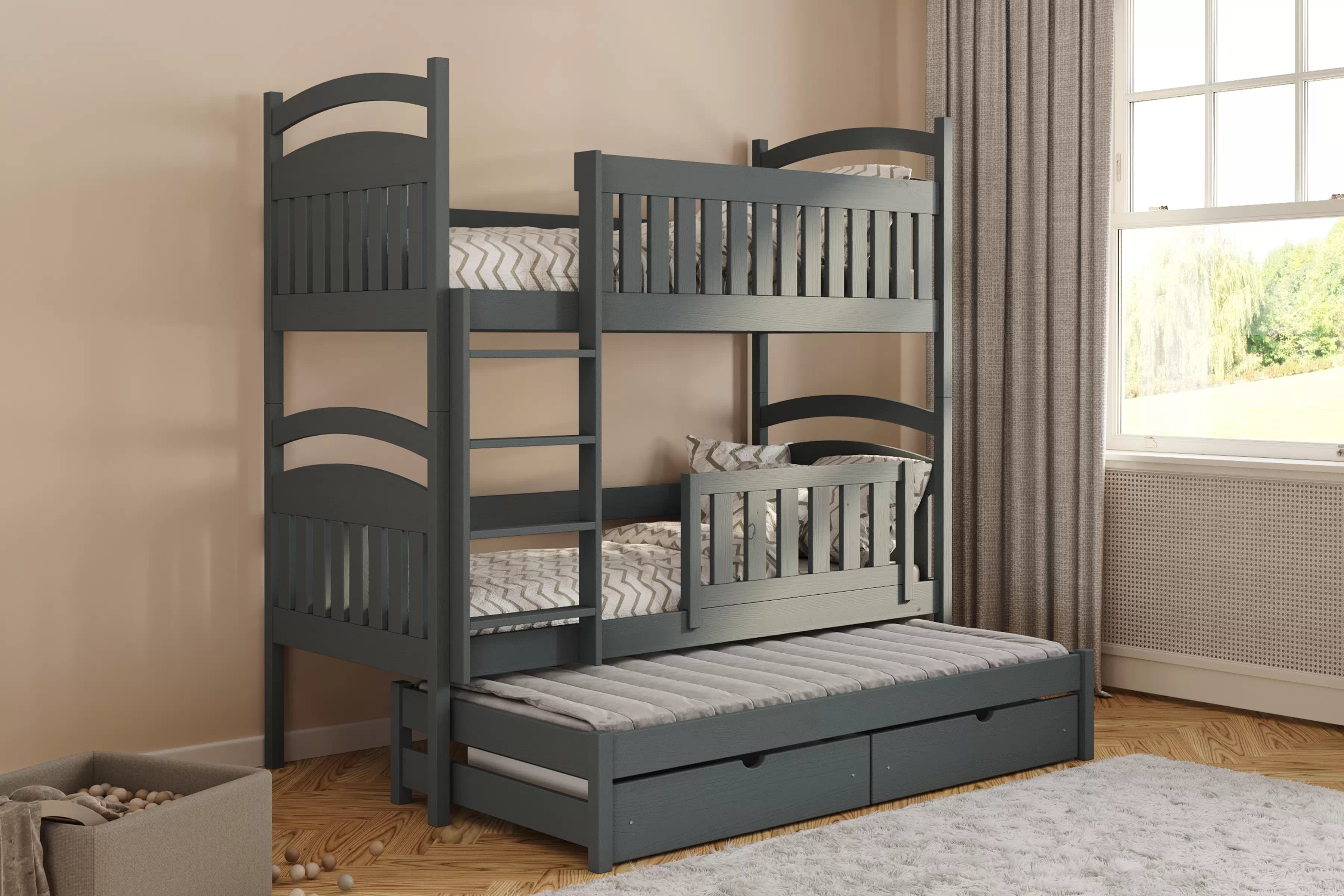 Poschodová posteľ Amely s prístelkou a tabuľou stierateľnou za sucha - 80x190 cm - grafitová Posteľ Amely 80x190 poschodová výsuvna - grafit