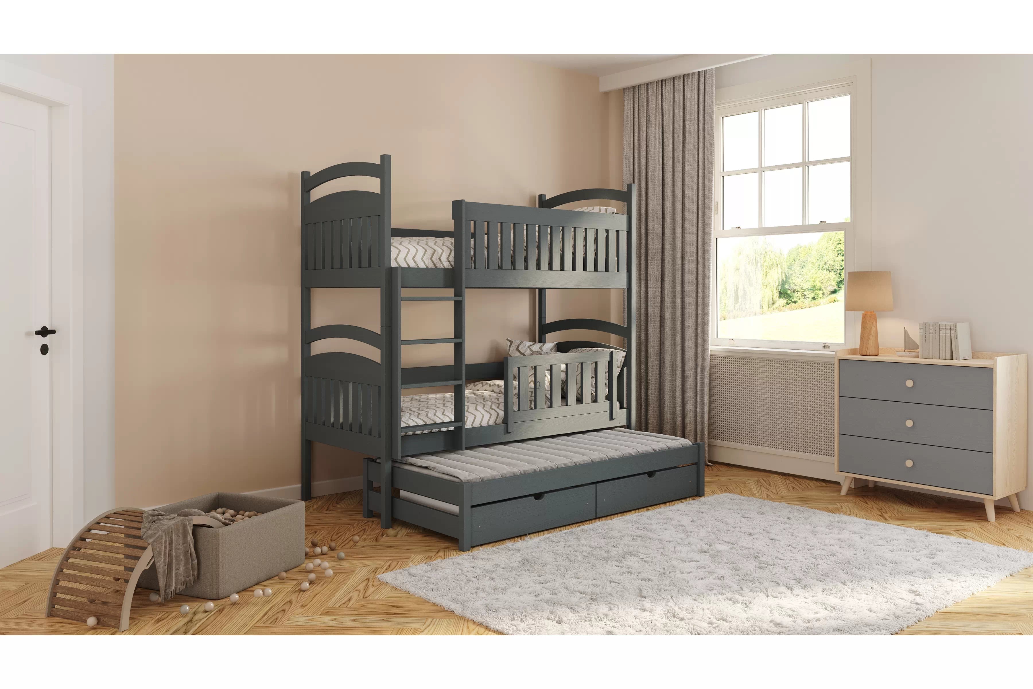 Poschodová posteľ Amely s prístelkou a tabuľou stierateľnou za sucha - 80x190 cm - grafitová Posteľ Amely 80x190 poschodová výsuvna - grafit