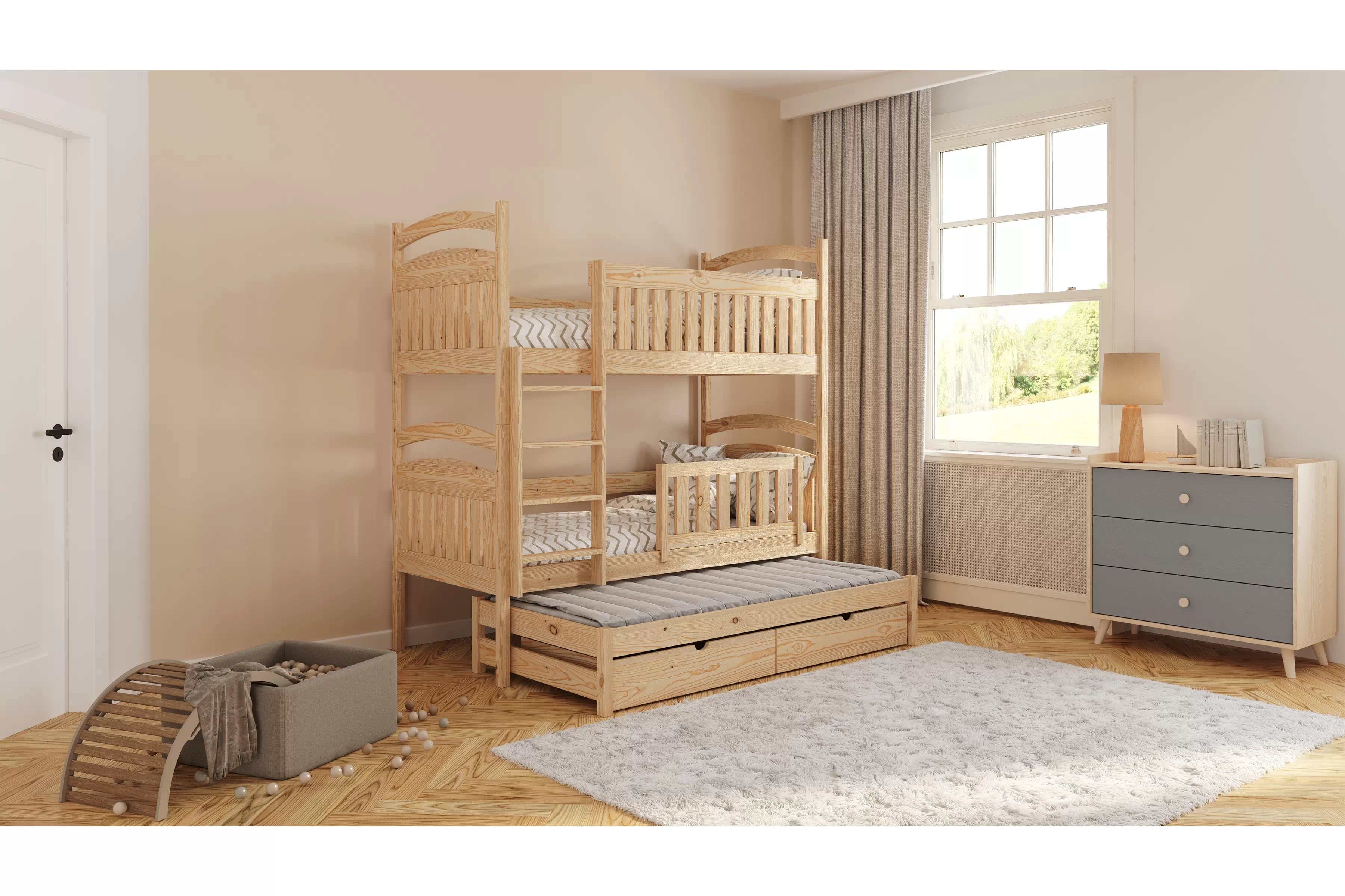 Posteľ detská poschodová výsuvna 3 os. Amely - Farba Borovica, rozmer 80x190 Posteľ Amely 80x190 poschodová výsuvna - Borovica