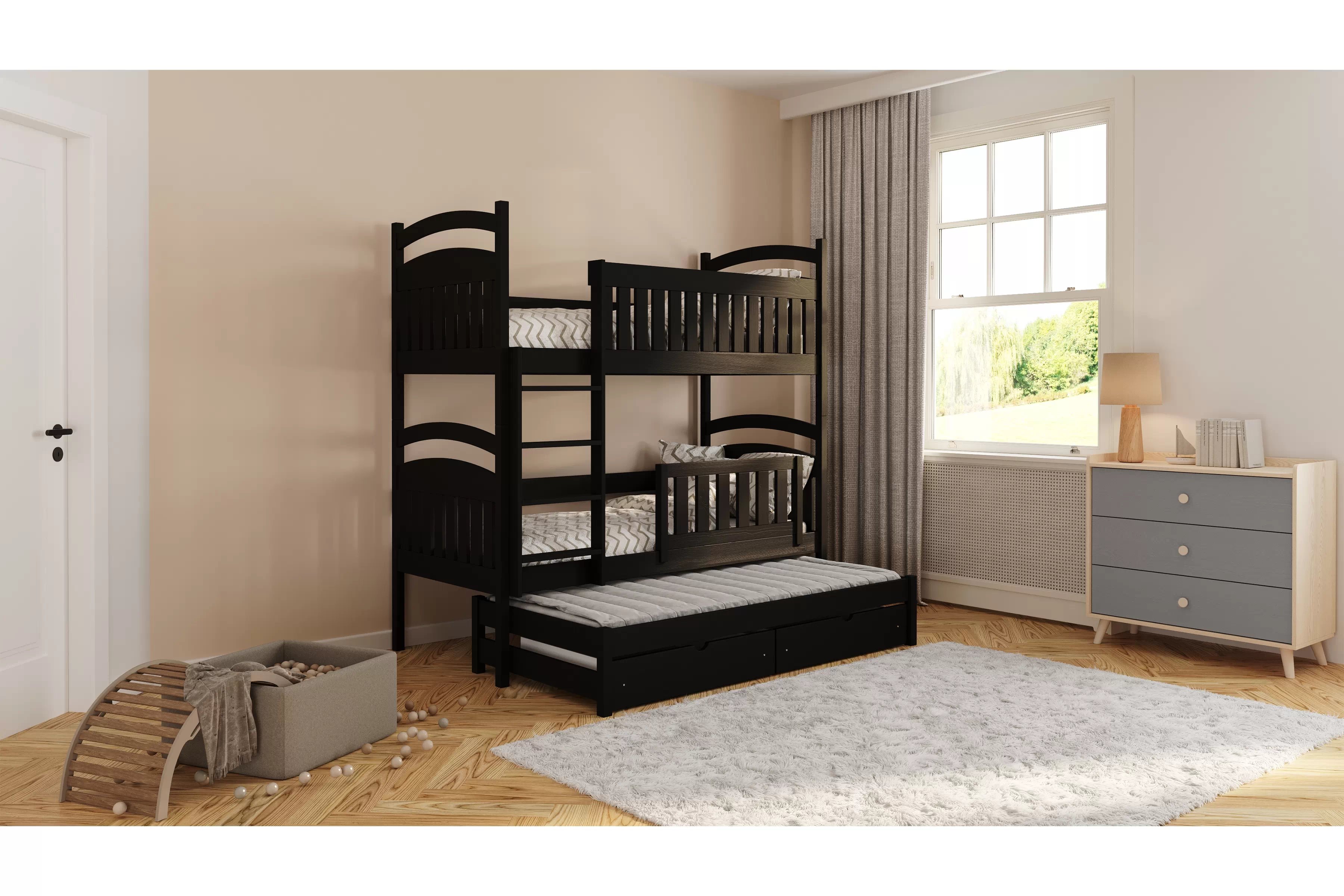 Poschodová posteľ Amely s prístelkou a tabuľou stierateľnou za sucha - 90x190 cm - čierna Posteľ Amely 90x190 poschodová výsuvna - Čierny