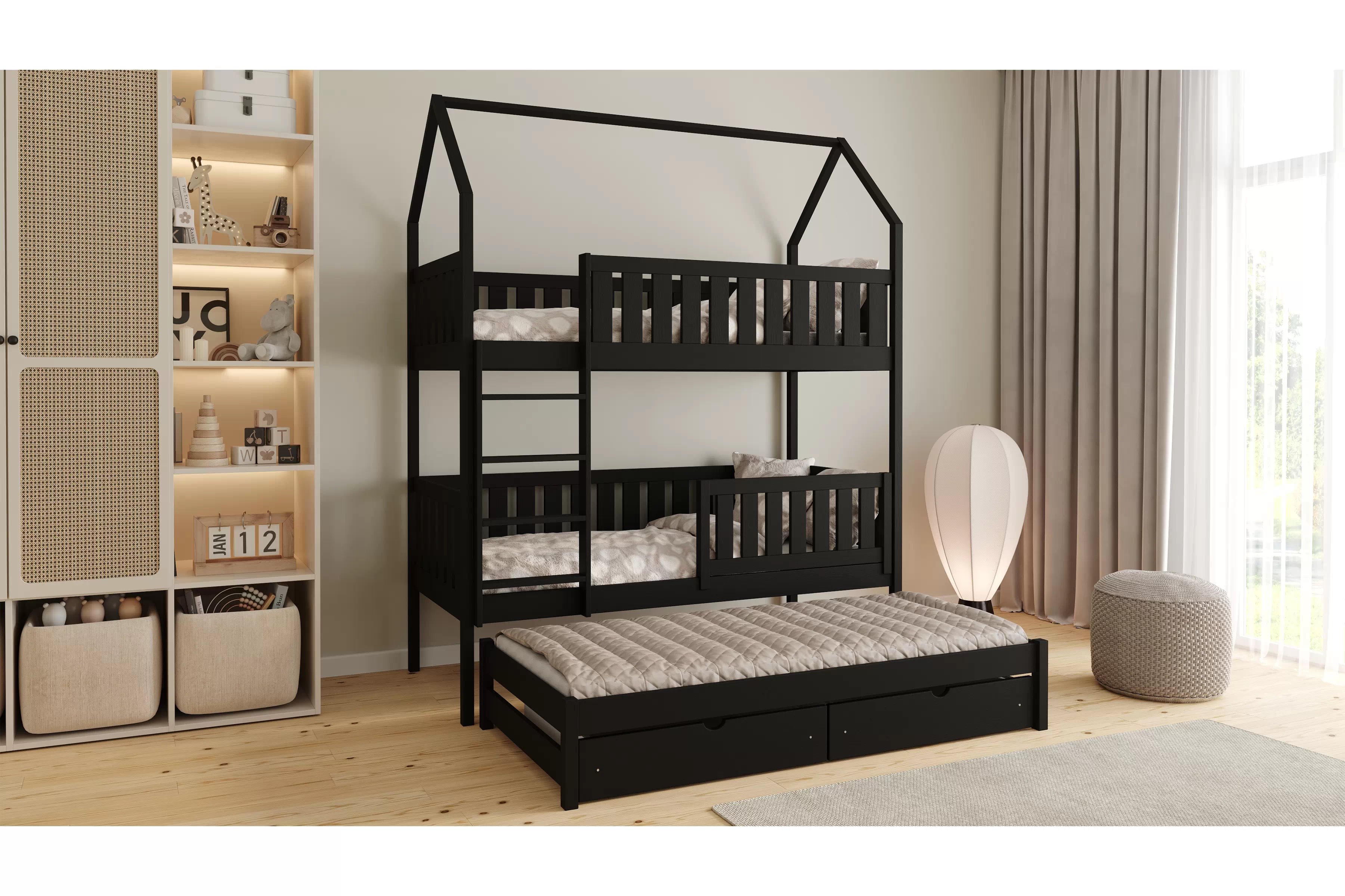 Patrová výsuvná postel domeček Nemos 80x160 cm - černá Postel domeček Nemos 80x160 patrová  výsuvná - černá