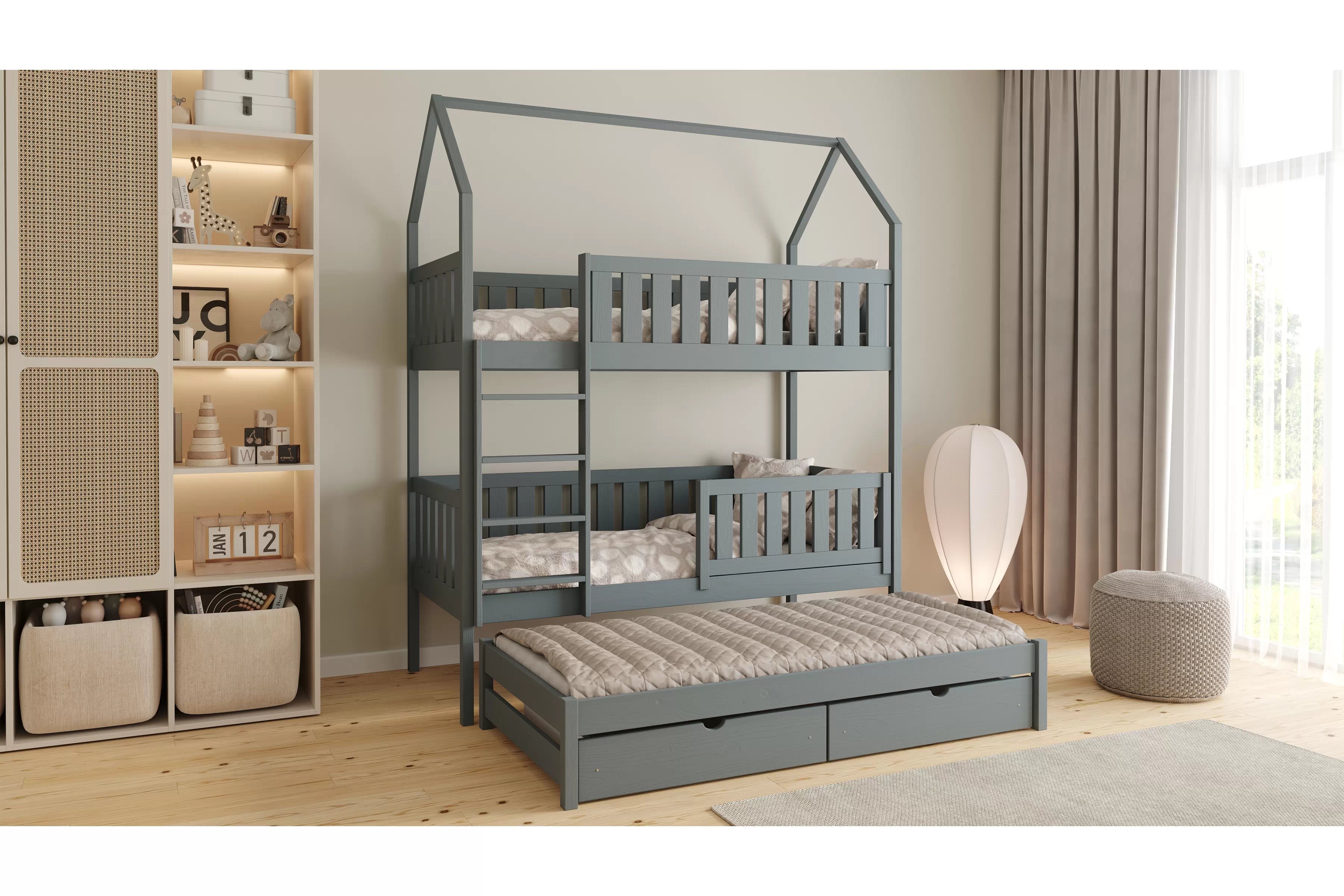 Poschodová domčeková posteľ Nemos s prístelkou - 80x160 cm - grafitová Posteľ domek Nemos 80x160 poschodová výsuvna - grafit