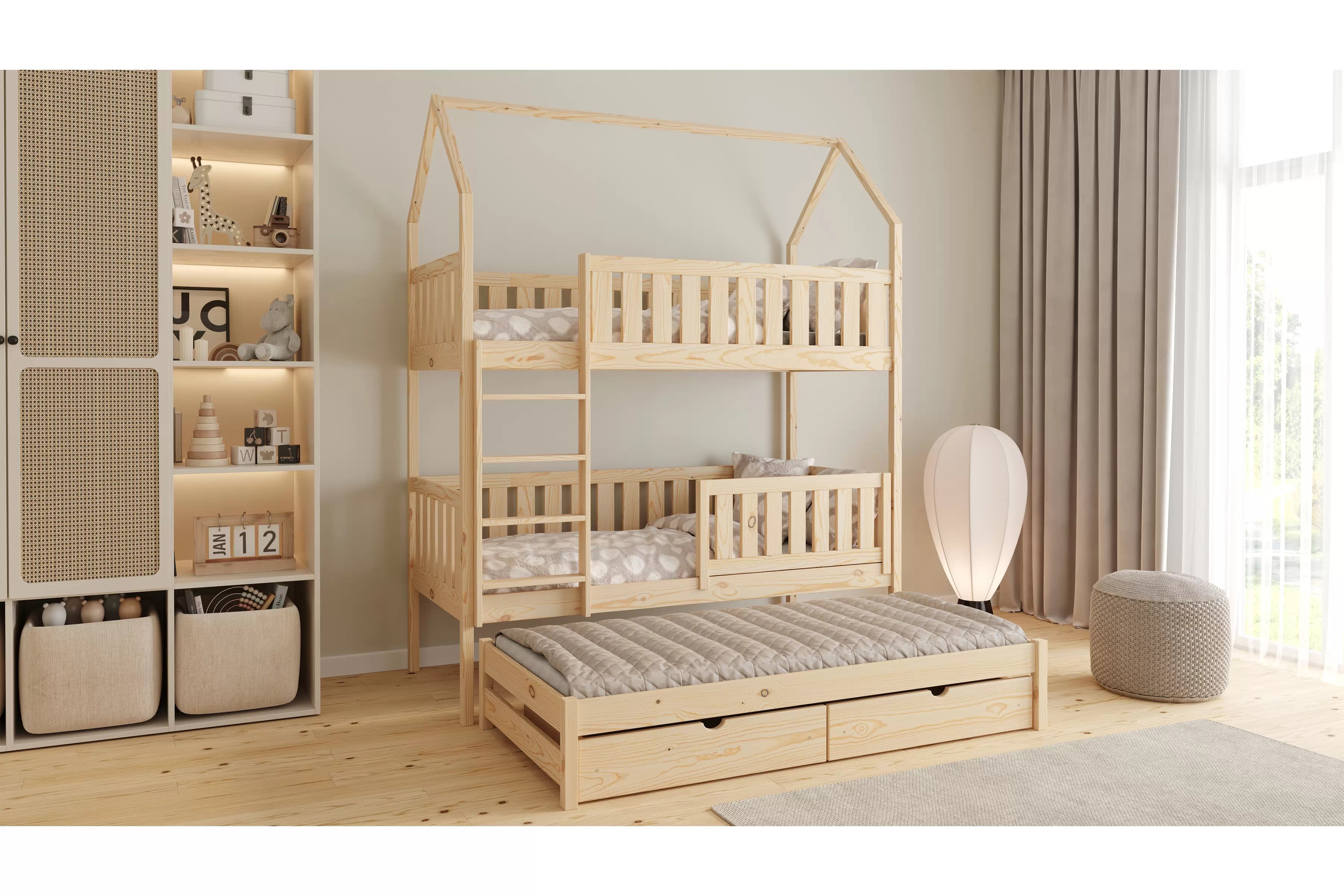 Patrová výsuvná postel domeček Nemos 80x160 cm - borovice Postel domeček Nemos 80x160 patrová  výsuvná - borovice