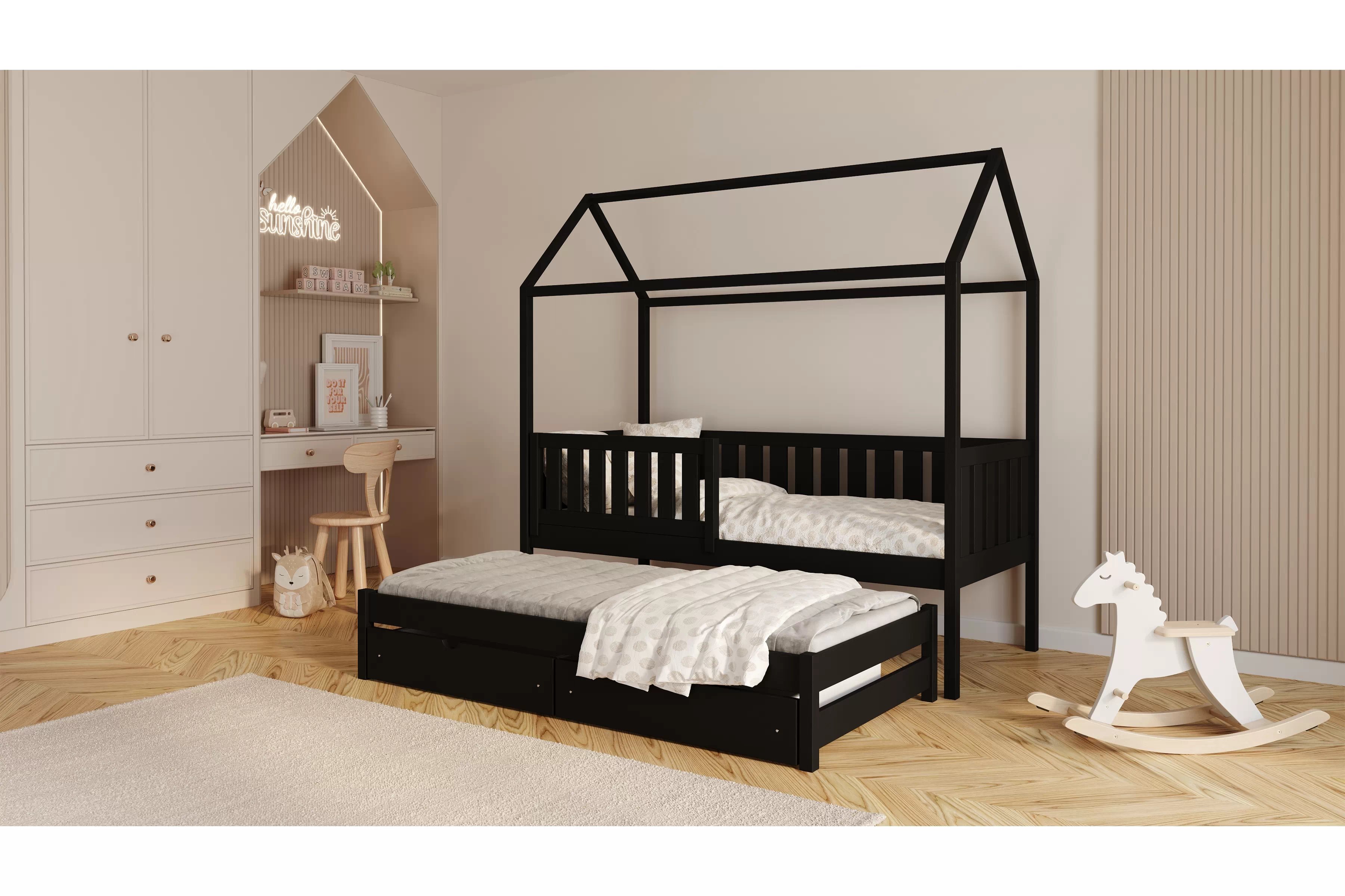 Přízemní výsuvná postel domeček Nemos 80x200 cm - černá Postel domeček Nemos 80x200 přízemní výsuvná - černá