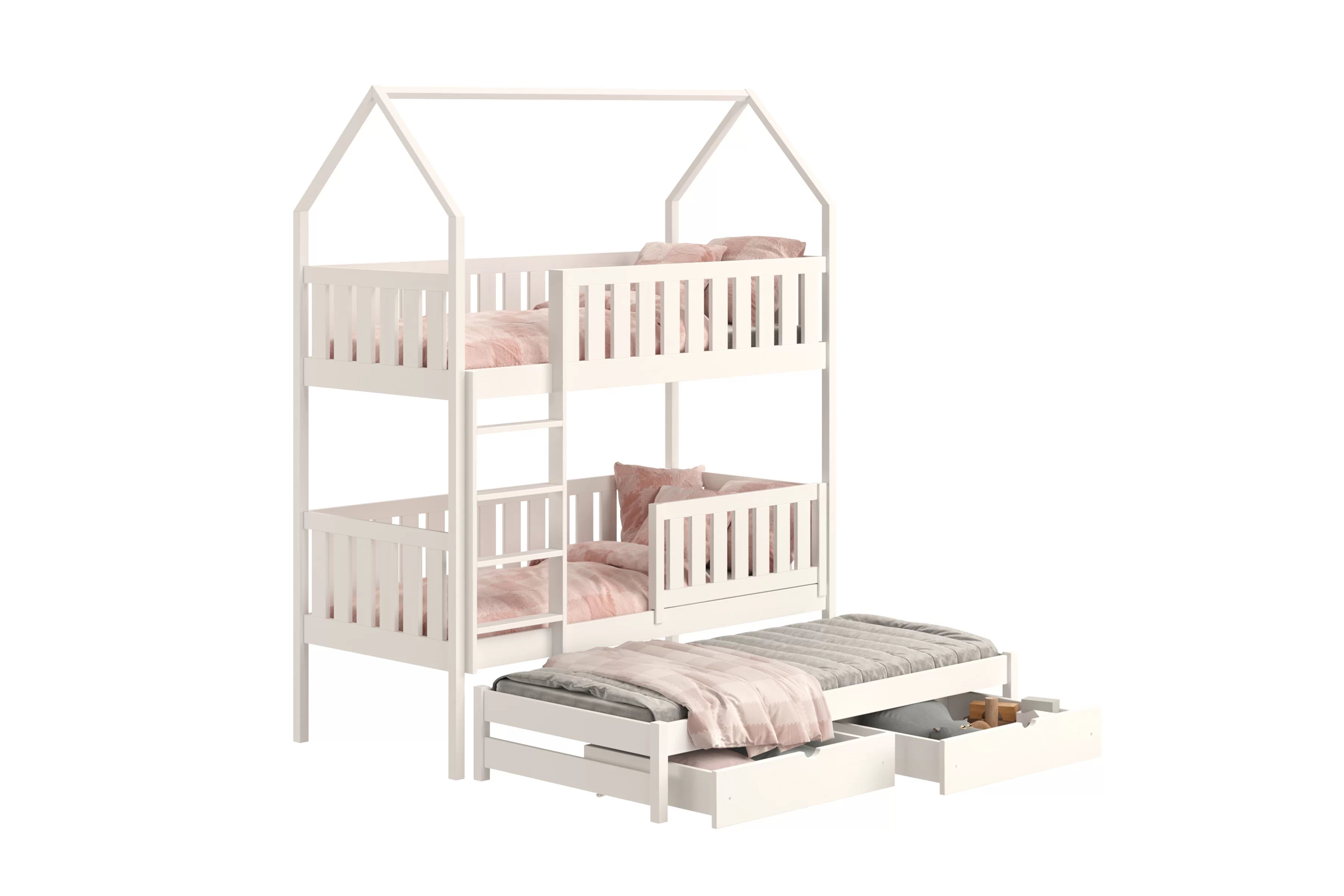 Detská poschodová posteľ domček Nemos so prístelkou 80x200 cm - biela Posteľ domek Nemos 80x200 poschodová výsuvna - Biely