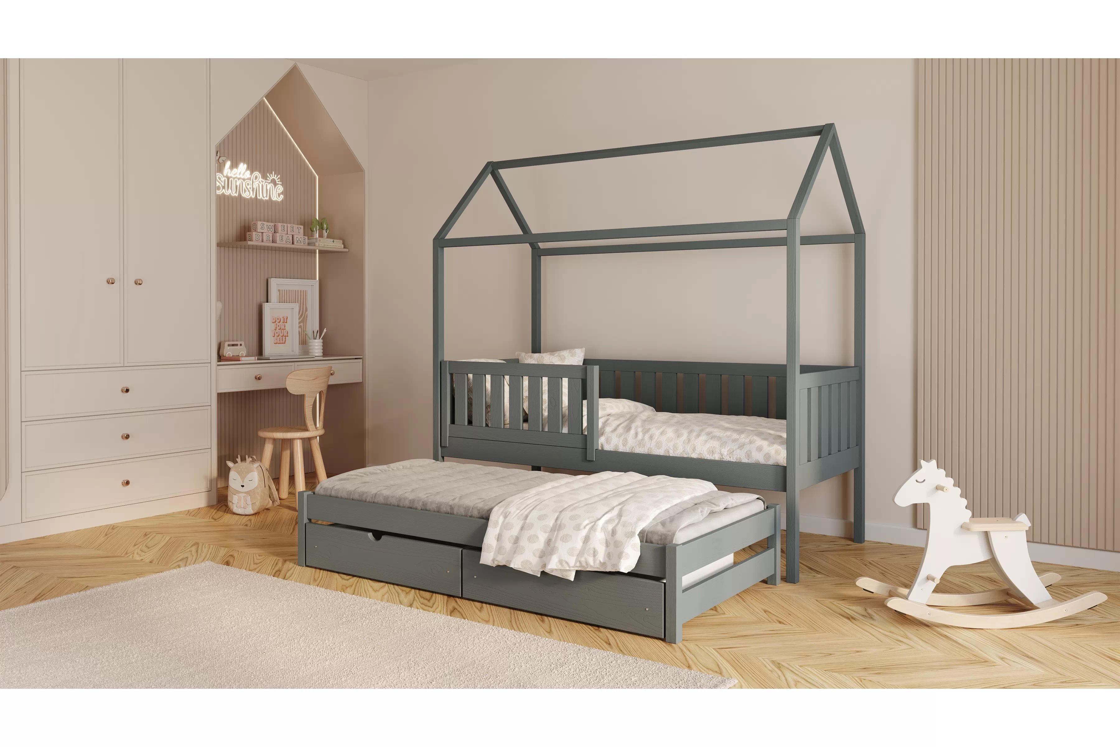 Přízemní výsuvná postel domeček Nemos 90x180 cm - grafitová Postel domeček Nemos 90x180 přízemní výsuvná - grafit