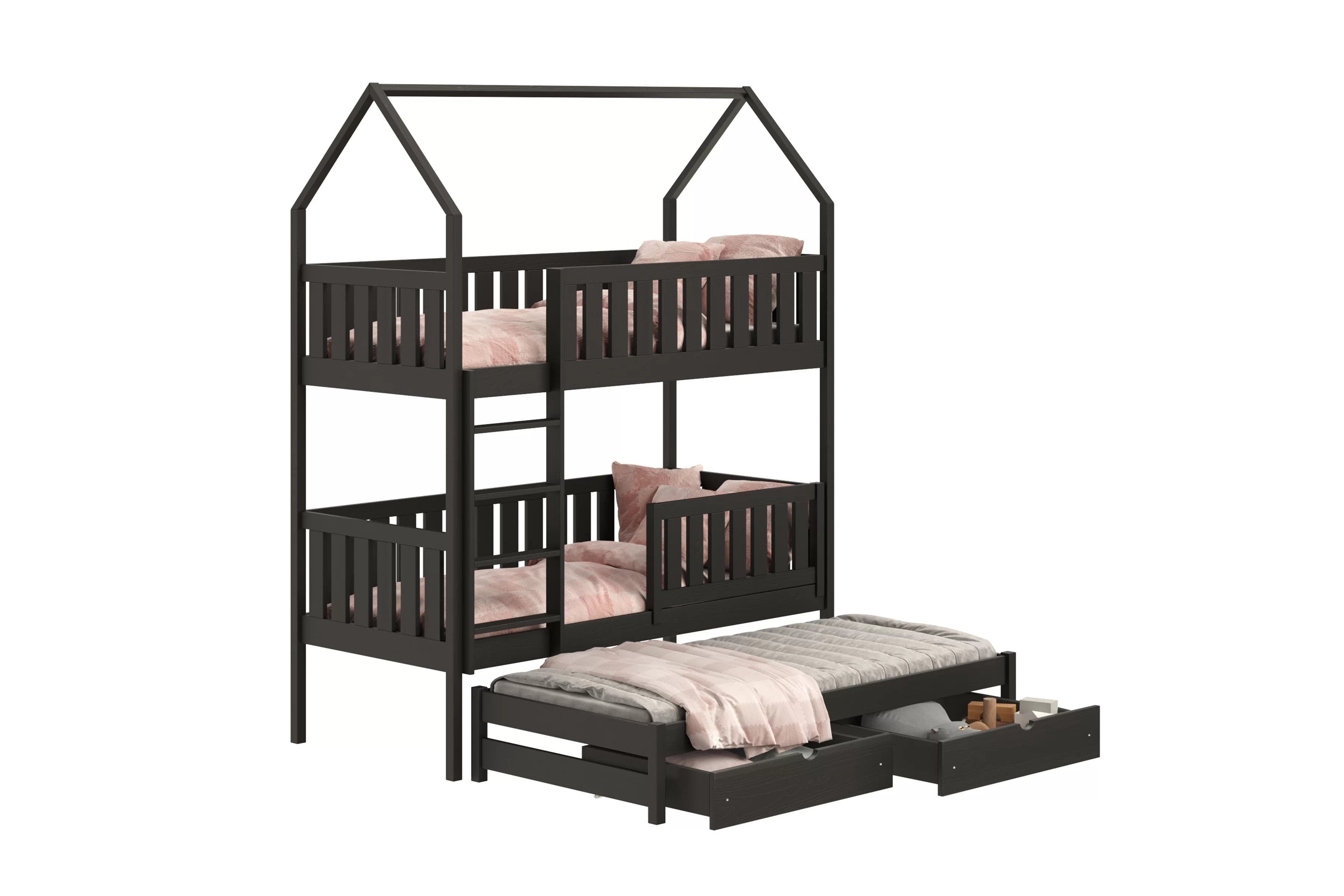 Poschodová domčeková posteľ Nemos s prístelkou - 90x180 cm - čierna Posteľ domek Nemos 90x180 poschodová výsuvna - Čierny