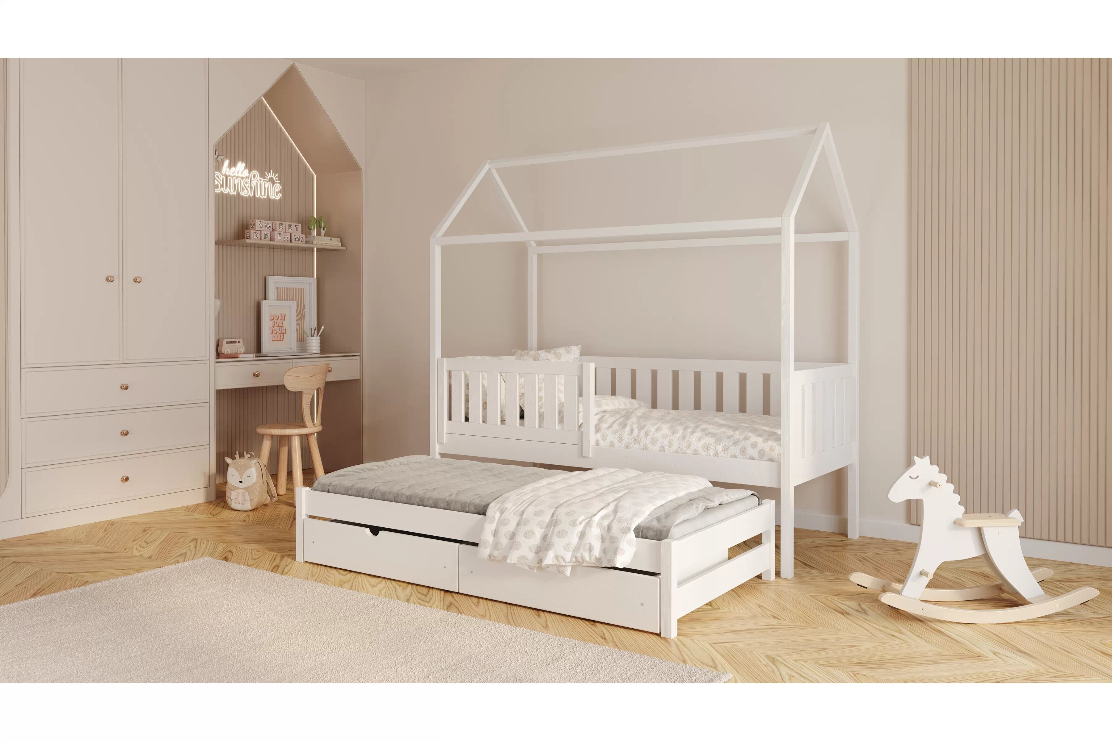 Domčeková posteľ s prístelkou Nemos - biely, 90x190 Posteľ domek Nemos 90x190 prízemná výsuvna - Biely