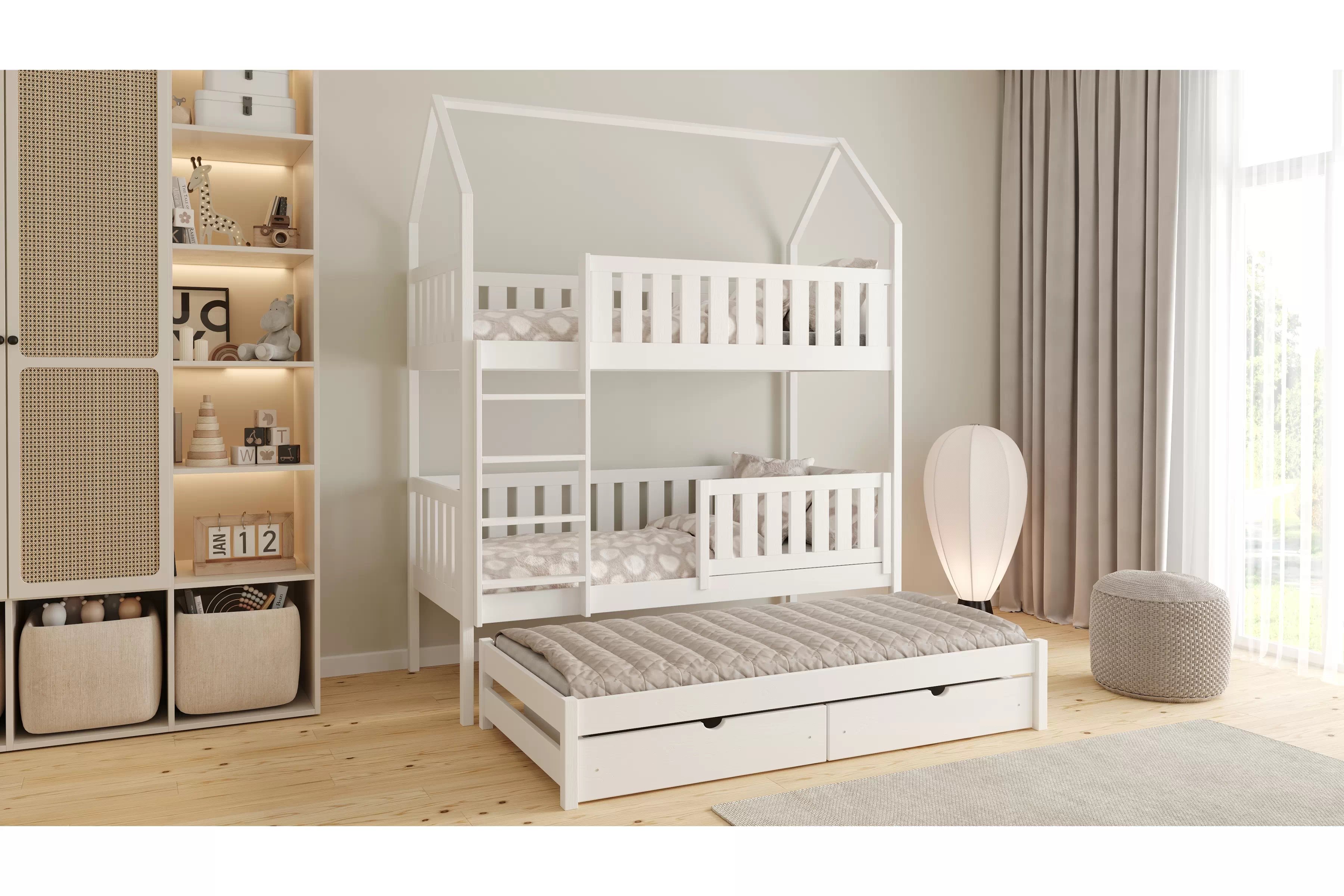 Patrová výsuvná domečková postel Nemos 90x190 pro 3 osoby - bílá Postel domeček Nemos 90x190 patrová  výsuvná - bílá