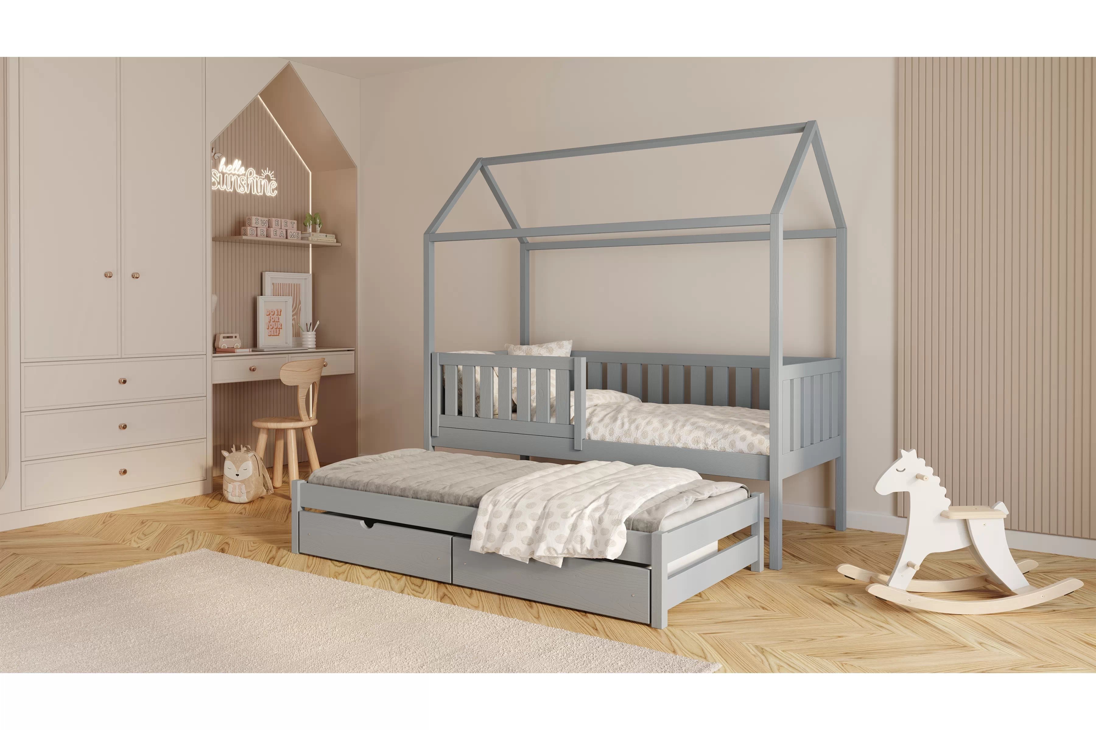 Přízemní výsuvná postel domeček Nemos 90x200 cm - šedá Postel domeček Nemos 90x200 přízemní výsuvná - šedá