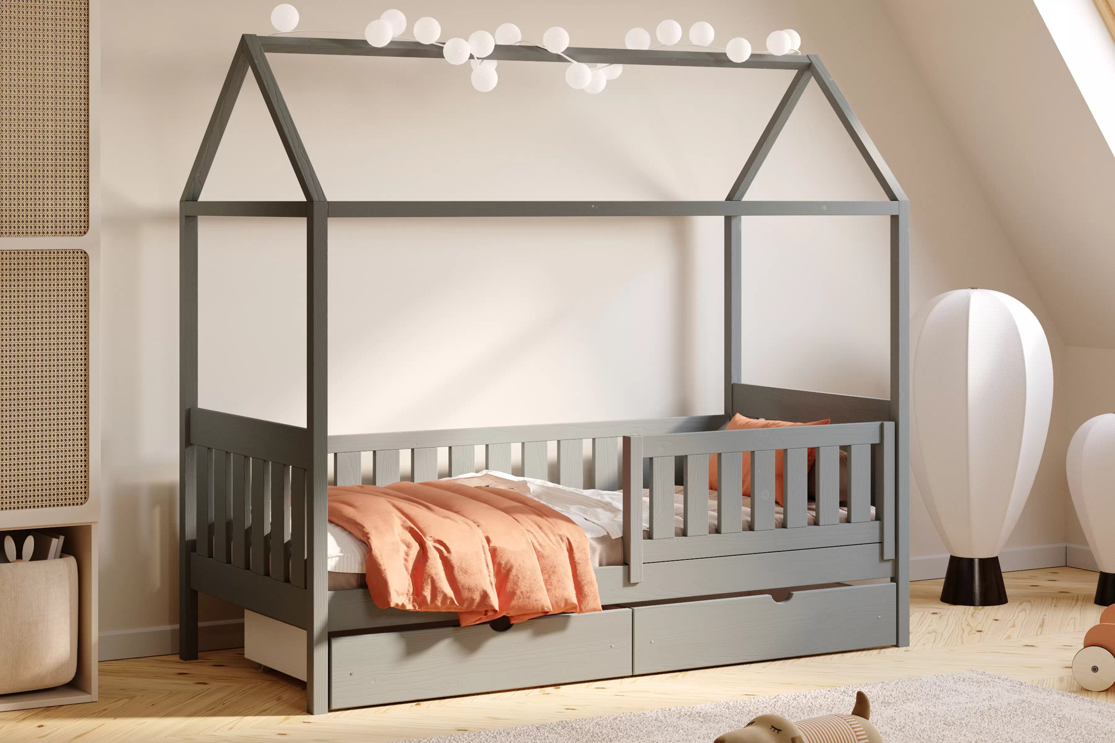 Dětská postel domeček Nemos II 70x140 cm se zásuvkami - grafitová Postel domeček Nemos II 70x140 přízemní se zásuvkami - grafit