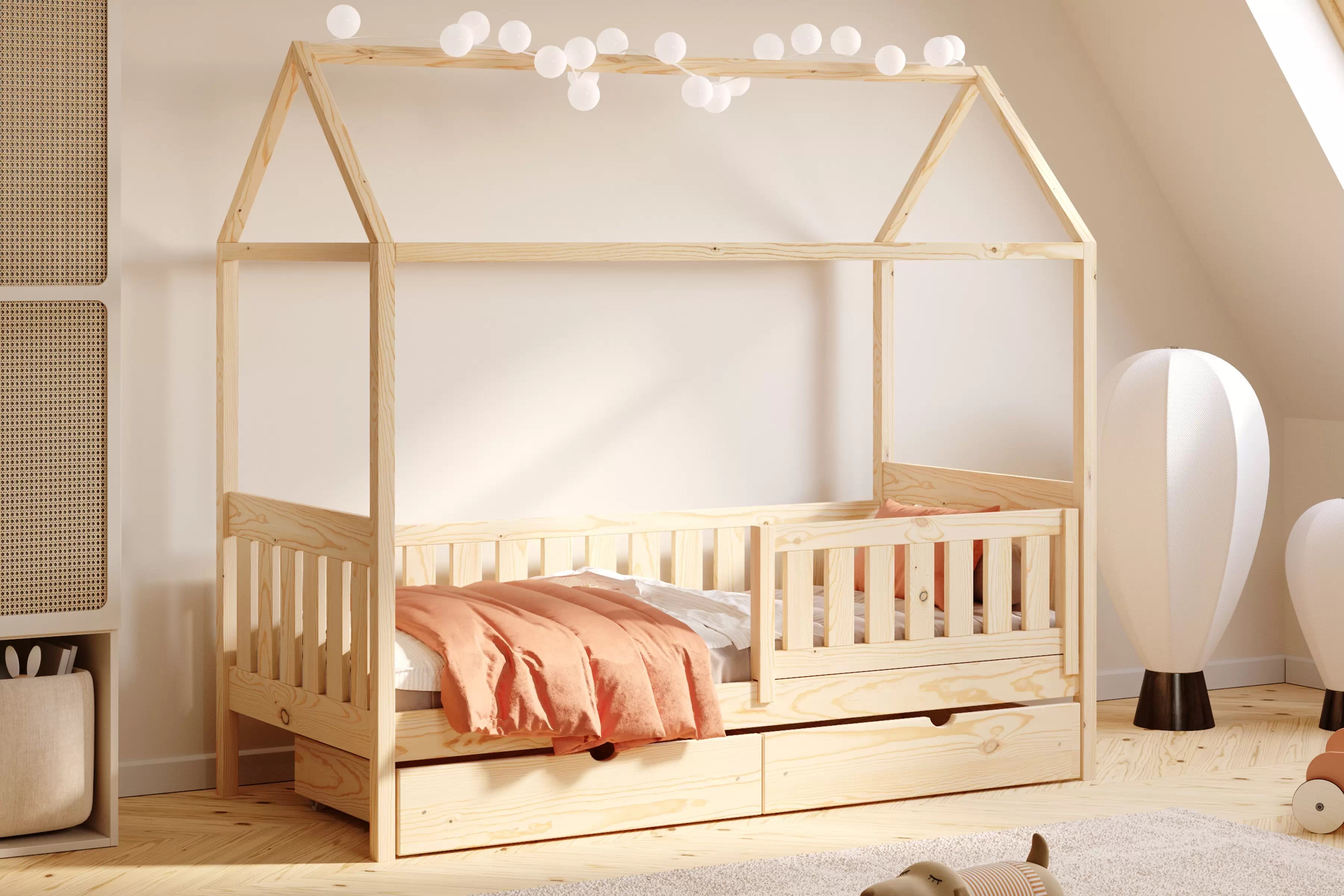 Detská domčeková posteľ Nemos II 70x140 so zásuvkami - borovica Posteľ domek Nemos II 70x140 prízemná so zásuvkami - Borovica