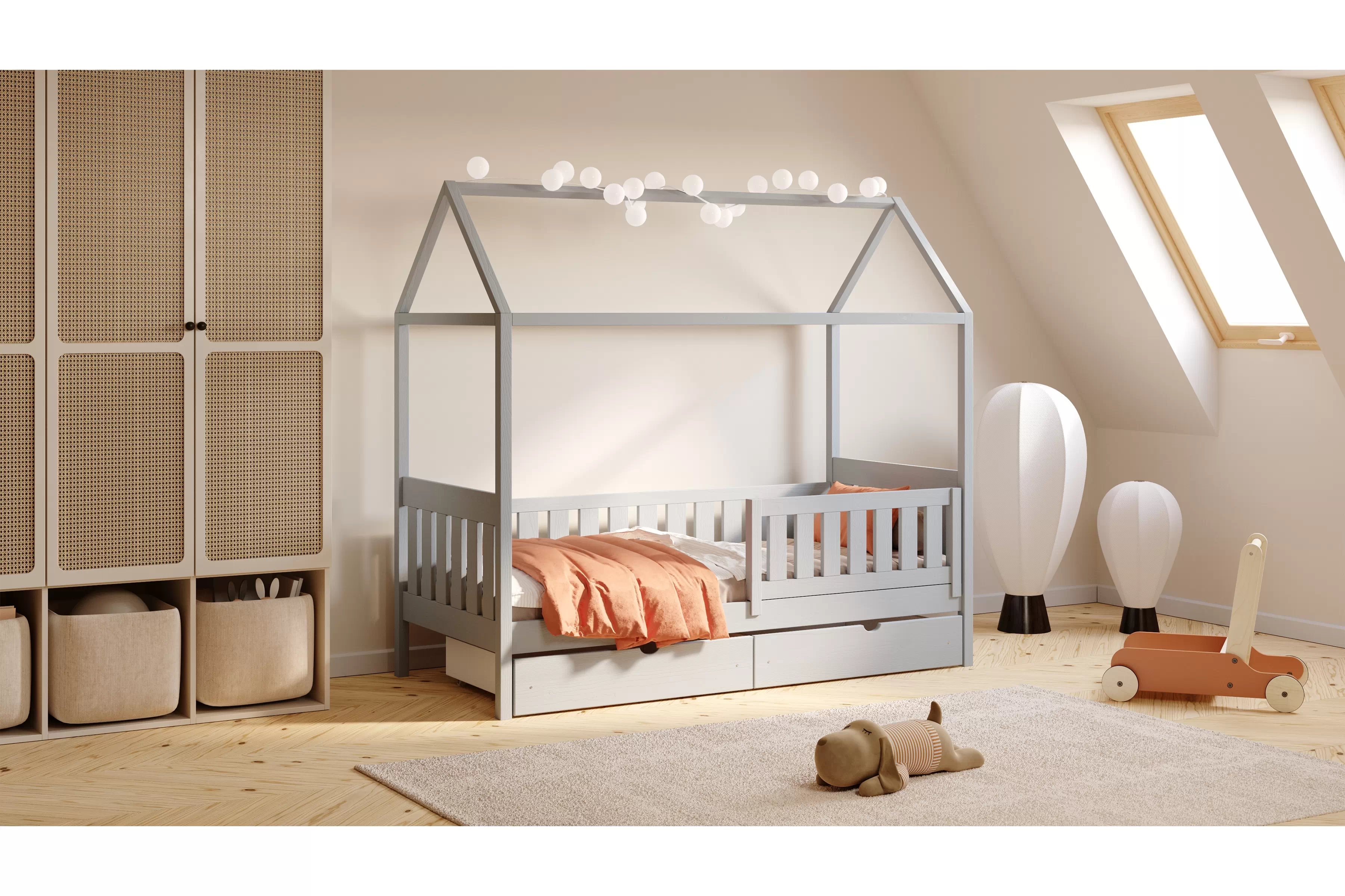 Detská domčeková posteľ Nemos II 70x140 so zásuvkami - sivá Posteľ domek Nemos II 70x140 prízemná so zásuvkami - šedý