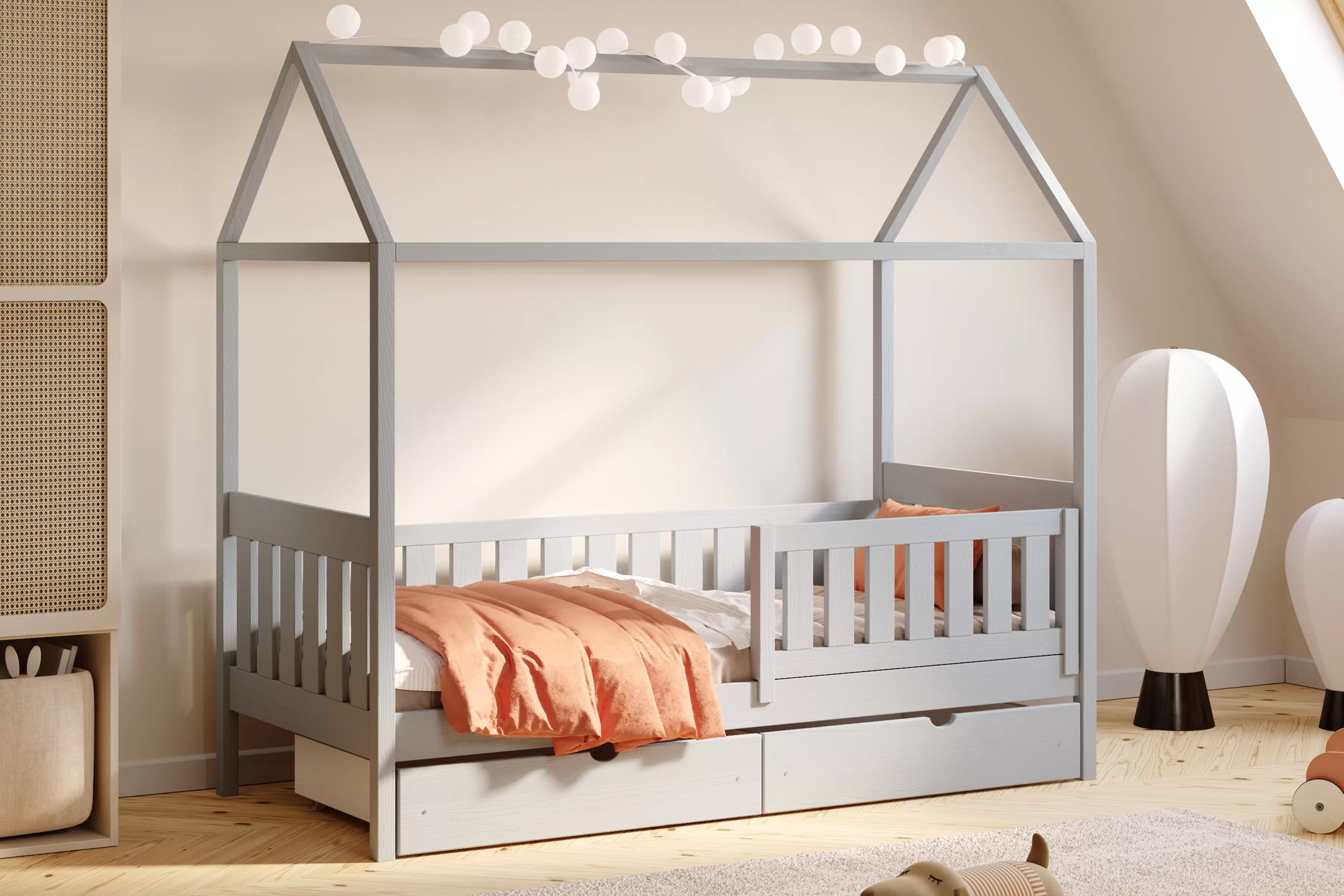 Detská domčeková posteľ Nemos II 70x140 so zásuvkami - sivá Posteľ domek Nemos II 70x140 prízemná so zásuvkami - šedý