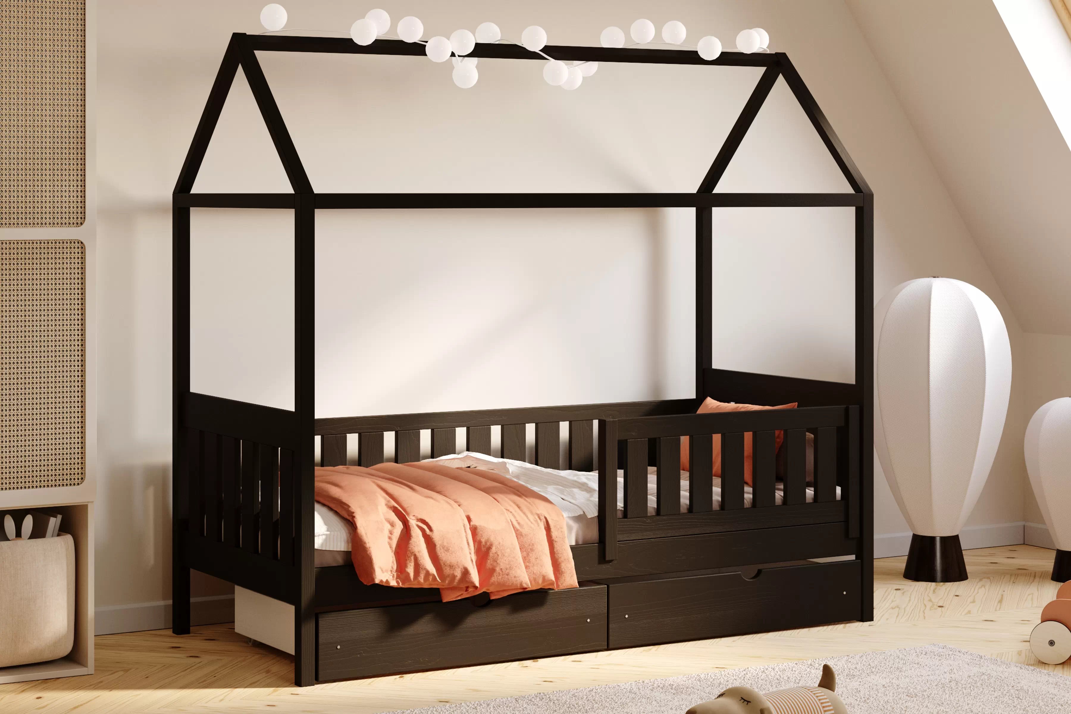 Detská domčeková posteľ Nemos II 80x200 so zásuvkami - čierna Posteľ domek Nemos II 80x200 prízemná so zásuvkami - Čierny