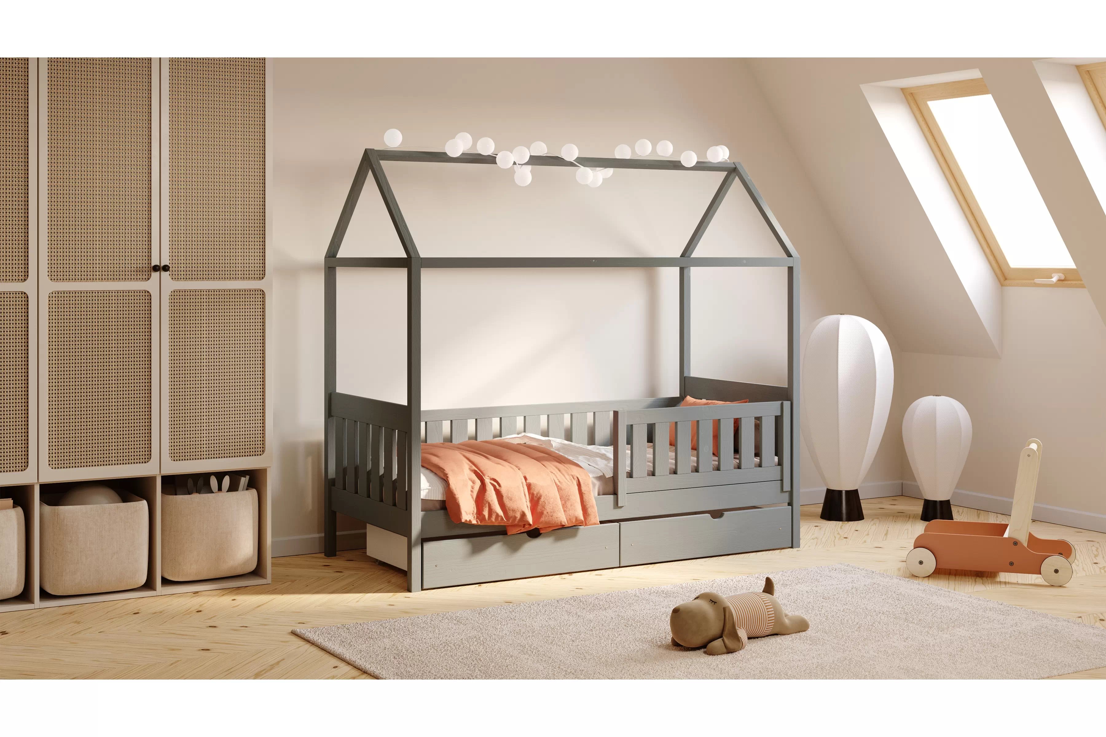 Detská domčeková posteľ Nemos II 80x200 so zásuvkami - grafitová Posteľ domek Nemos II 80x200 prízemná so zásuvkami - grafit
