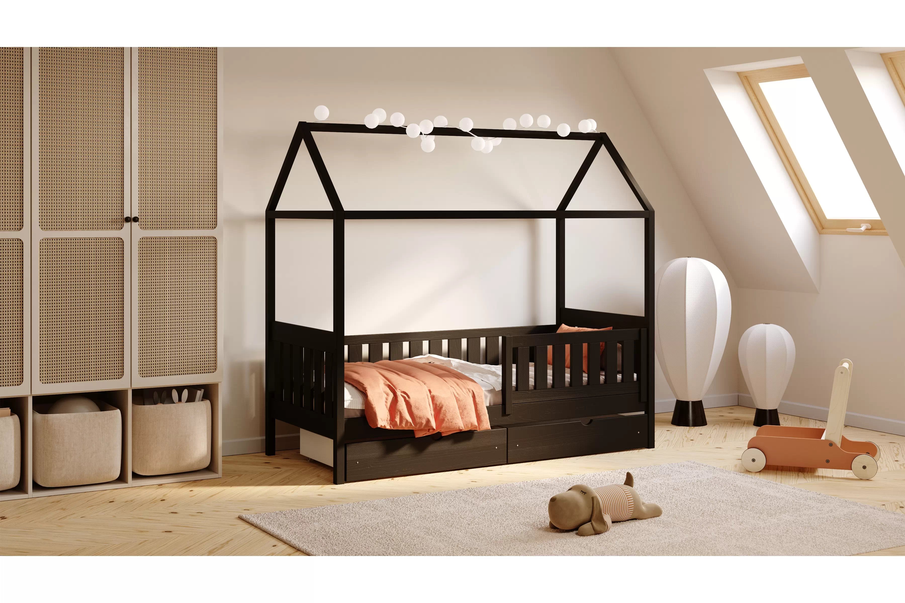Detská domčeková posteľ Nemos II 90x190 so zásuvkami - čierna Posteľ domek Nemos II 90x190 prízemná so zásuvkami - Čierny
