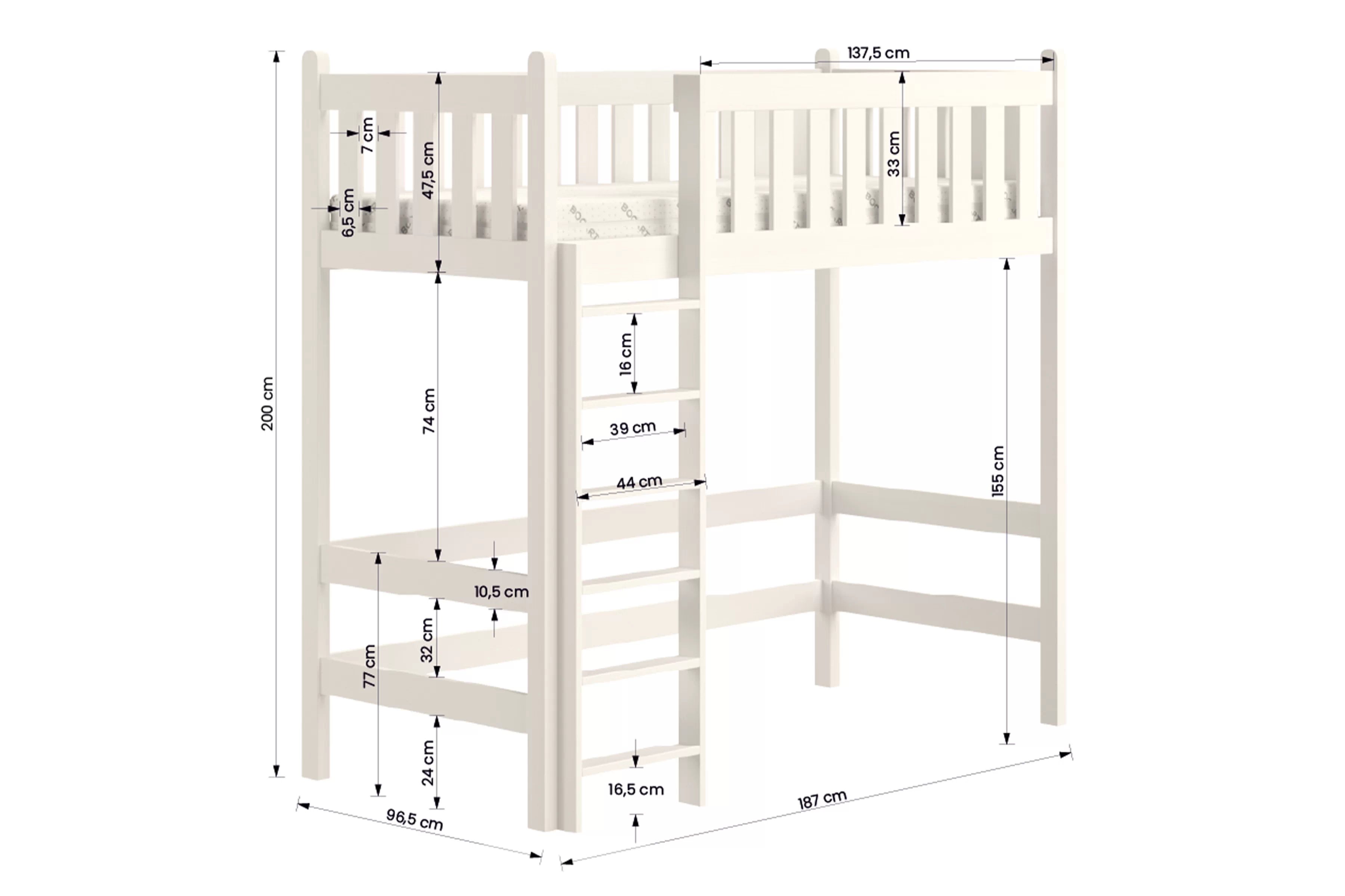 Vyvýšená detská posteľ Swen - 90x180 cm - biela Posteľ drevená Swen 90x180 vyvýšená - Biely
