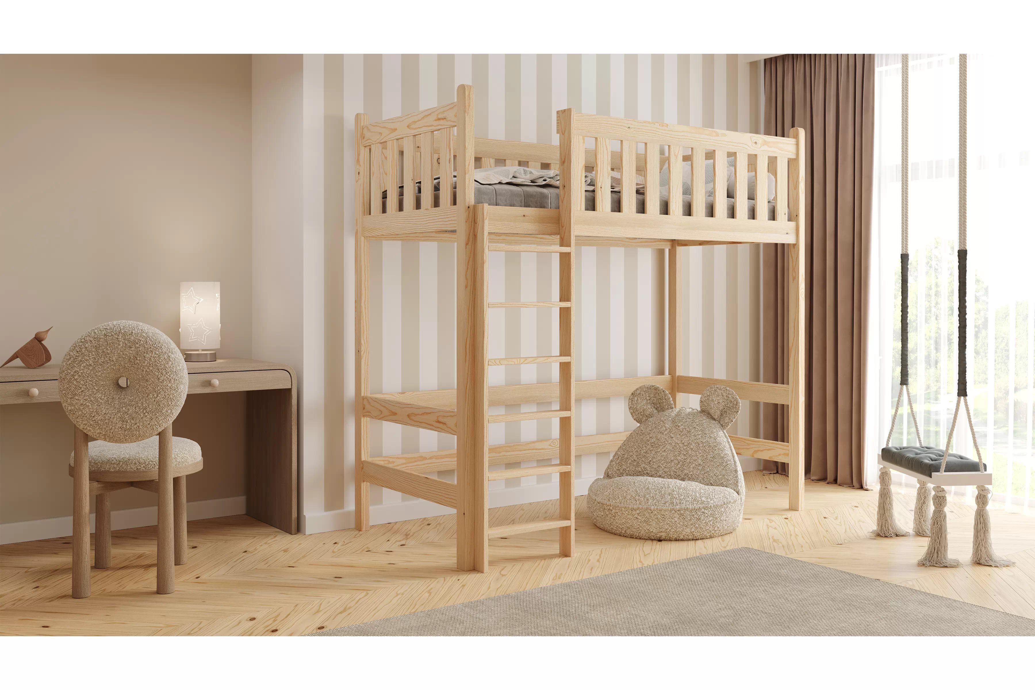 Vyvýšená detská posteľ Swen - borovica, 90x180 Posteľ drevená Swen 90x180 vyvýšená - Borovica
