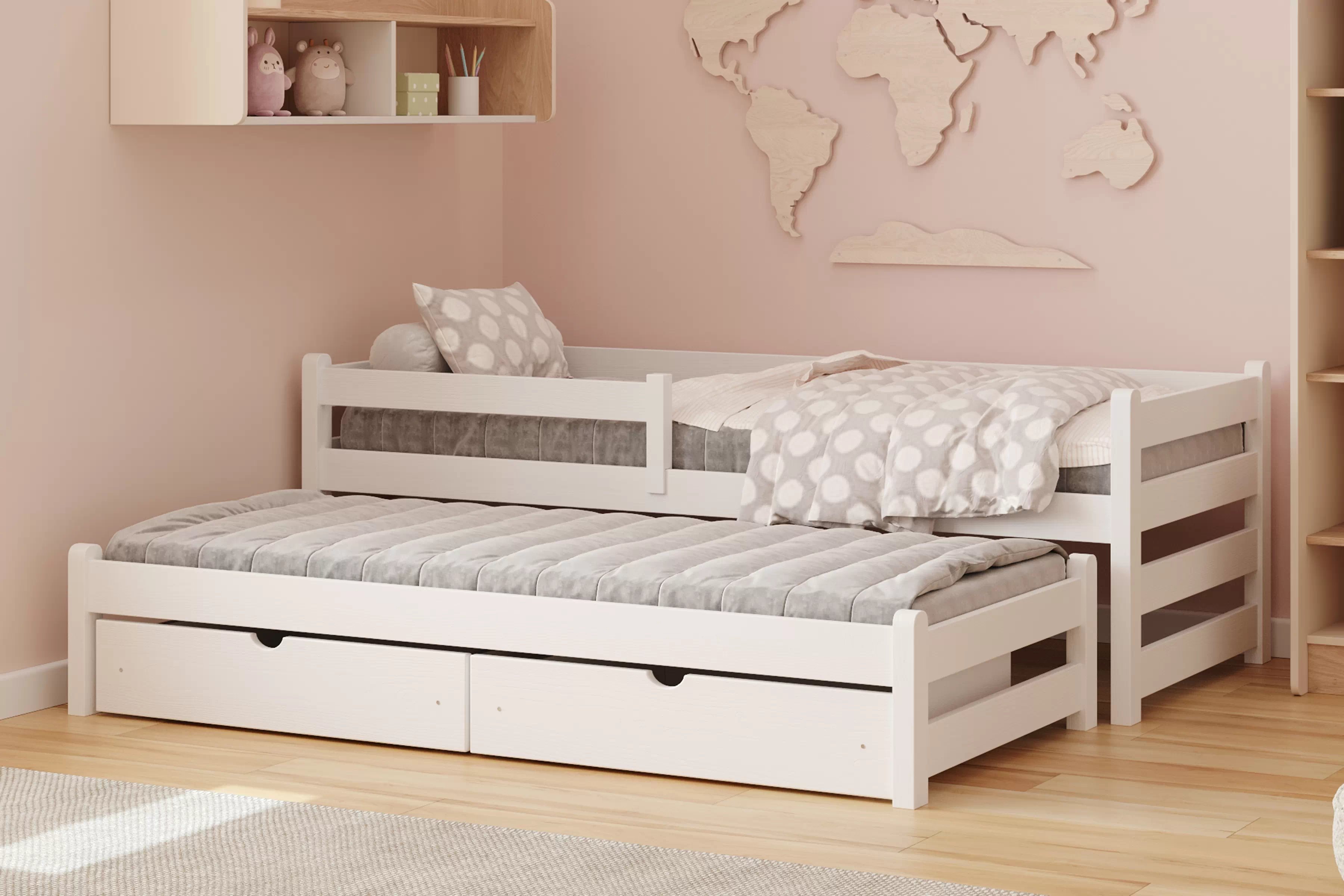 Detská posteľ Alis so prístelkou 90x200 cm - biela Posteľ dzieciece Alis 90x200 prízemná výsuvna - Biely