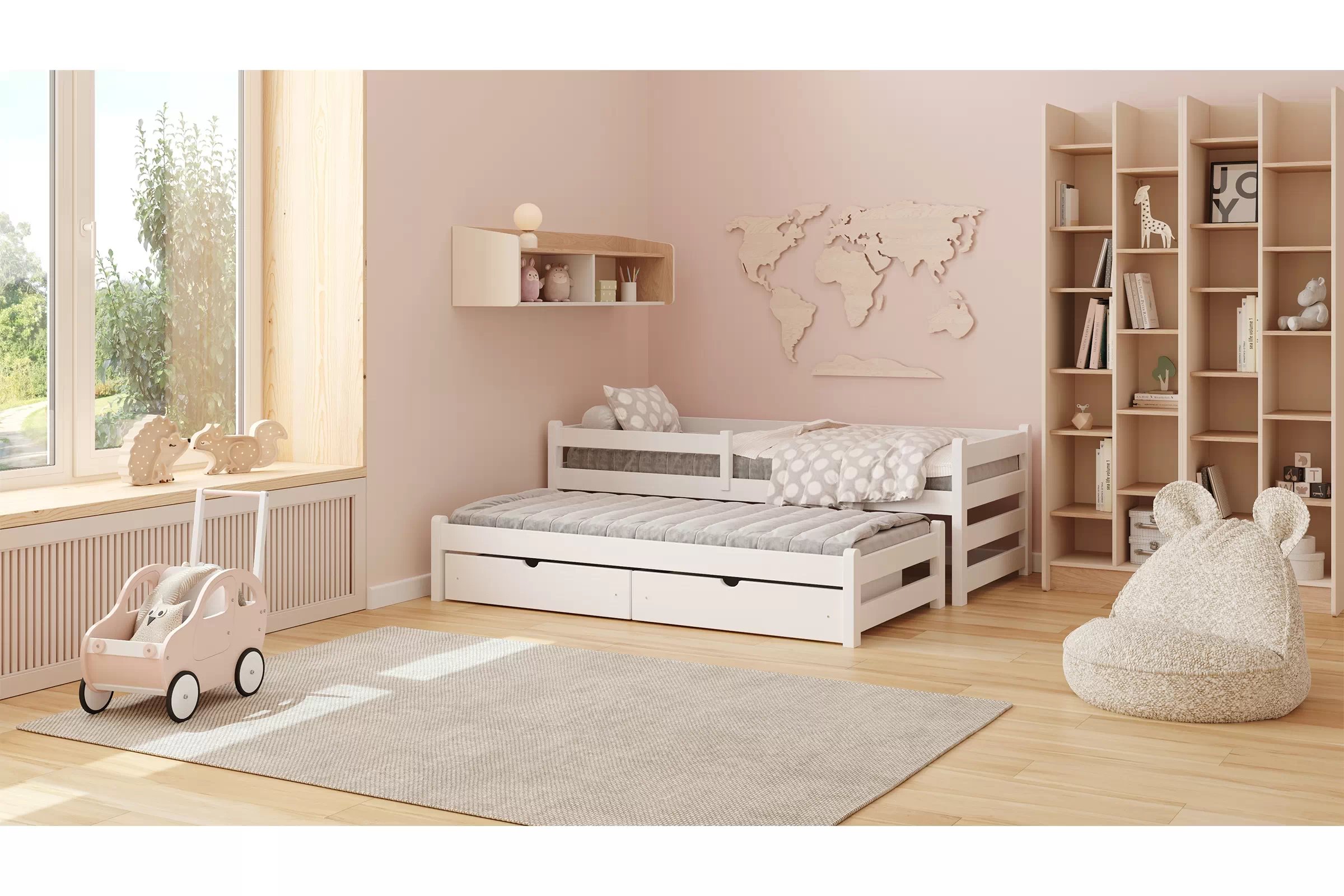 Detská posteľ Alis so prístelkou 90x200 cm - biela Posteľ dzieciece Alis 90x200 prízemná výsuvna - Biely