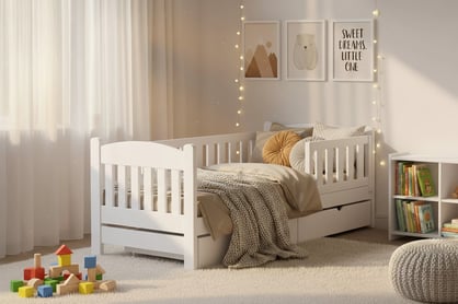 Detská posteľ Alvins 70x140 drevená so zásuvkami - biela Posteľ dzieciece Alvins 70x140 drevená so zásuvkami - Biely