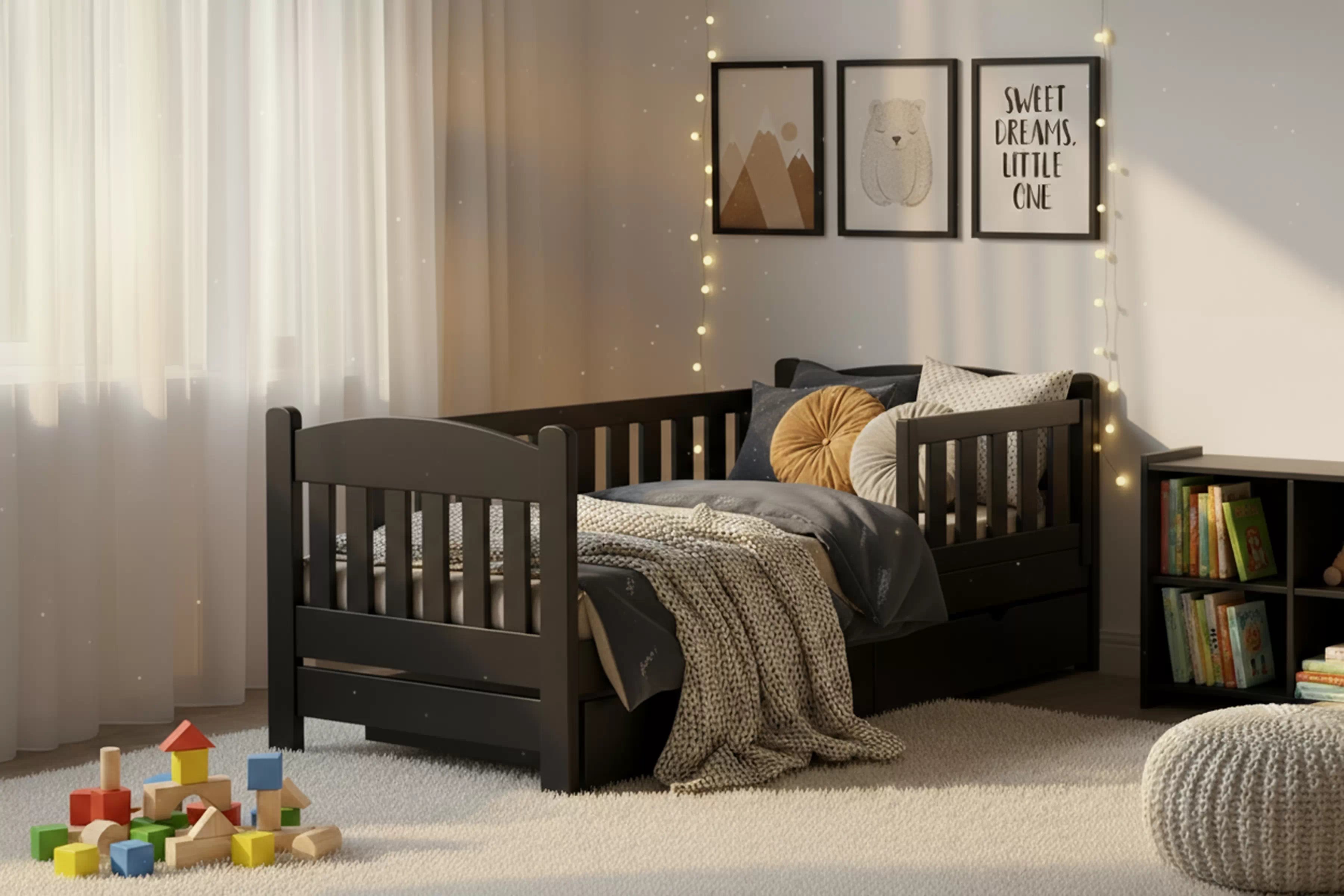 Detská posteľ Alvins 70x140 drevená so zásuvkami - čierna Posteľ dzieciece Alvins 70x140 drevená so zásuvkami - Čierny