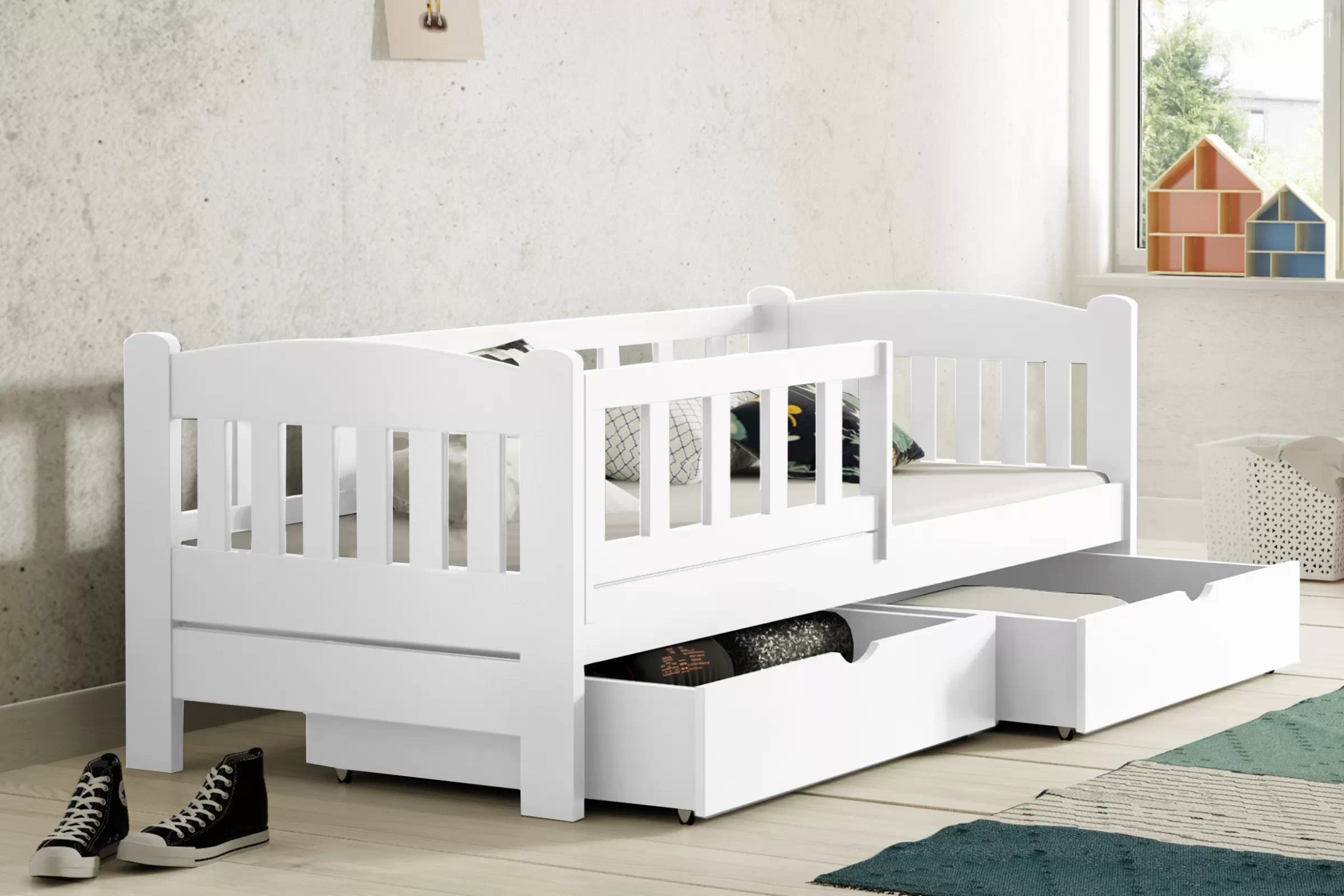 Dětská postel Alvins 80x180 cm se zásuvkami - bílá Postel dzieciece Alvins 80x180 dřevěná se zásuvkami - bílá