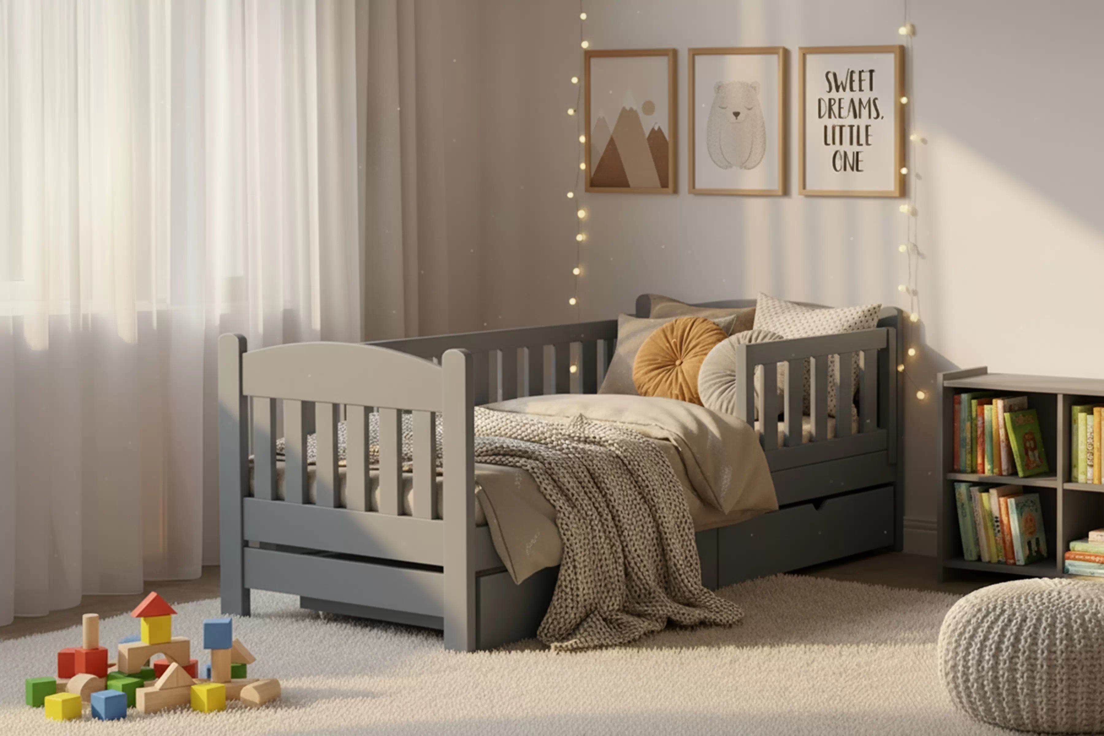 Detská posteľ Alvins 80x200 drevená so zásuvkami - sivá Posteľ dzieciece Alvins 80x200 drevená so zásuvkami - šedý