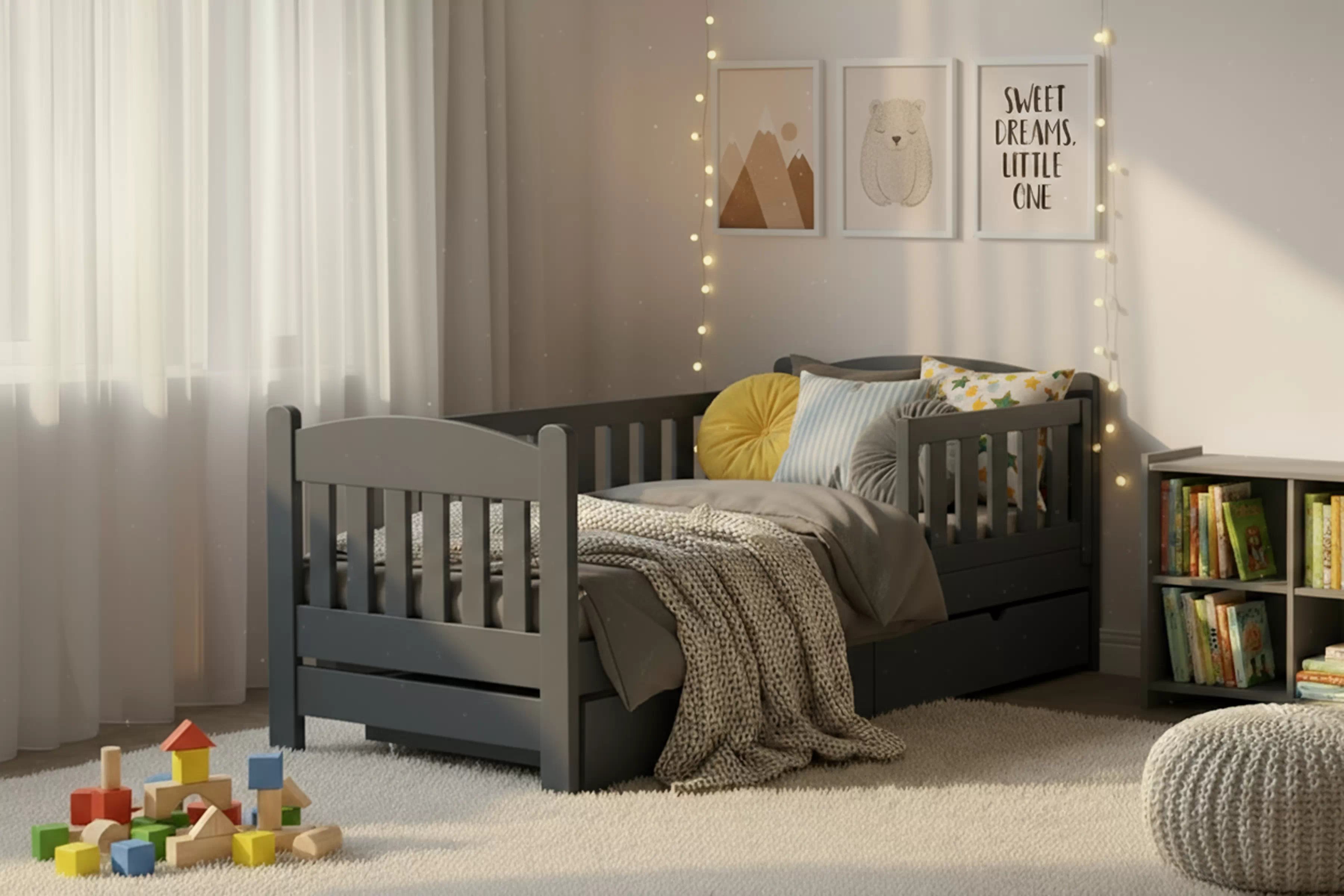 Detská posteľ Alvins 90x180 so zásuvkami - grafitová Posteľ dzieciece Alvins 90x180 drevená so zásuvkami - grafit