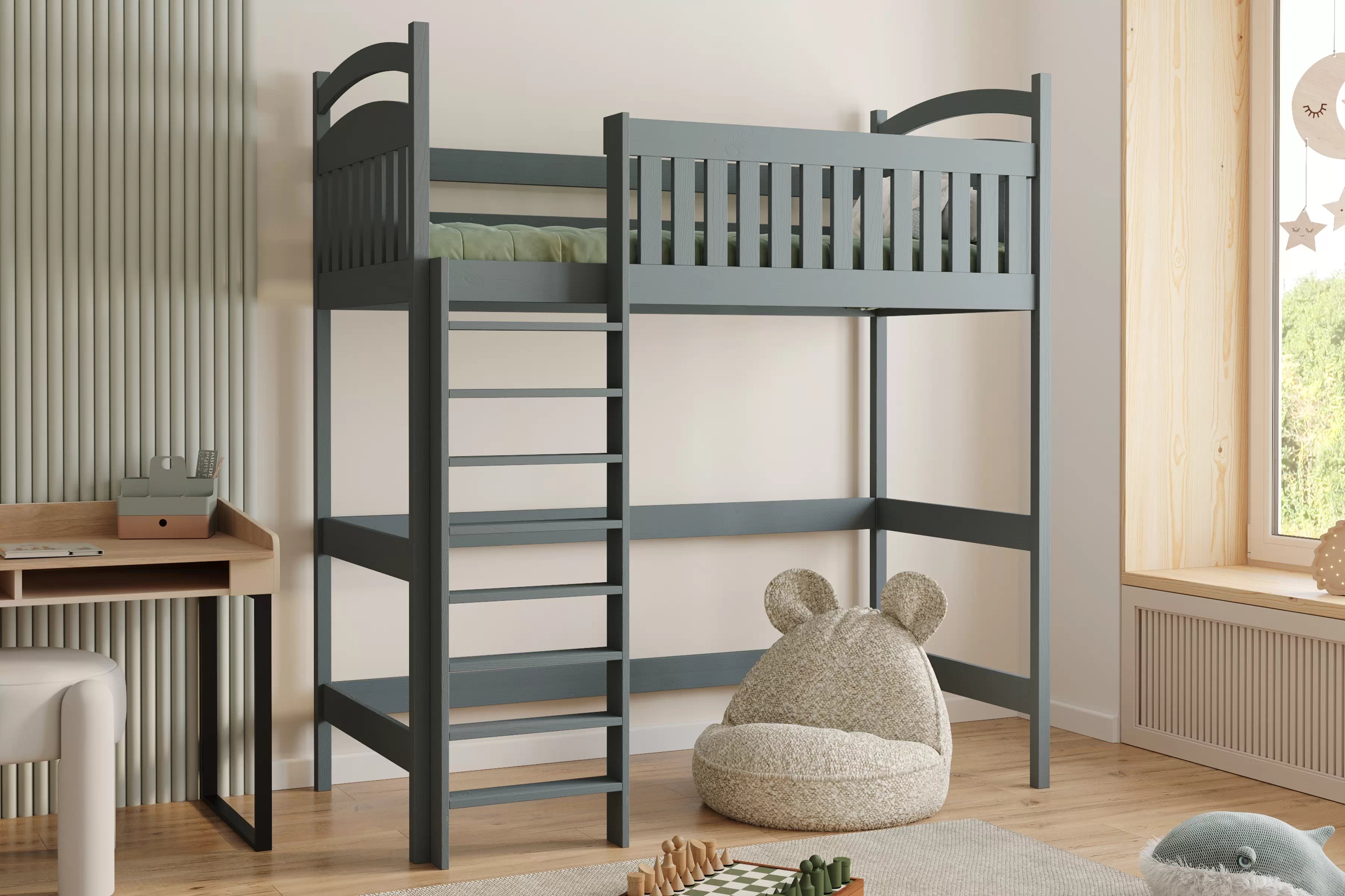 Vyvýšená detská posteľ Amely ZP 006 - Farba grafit, rozmer 90x180 Posteľ dzieciece Amely 90x180 vyvýšená - grafit
