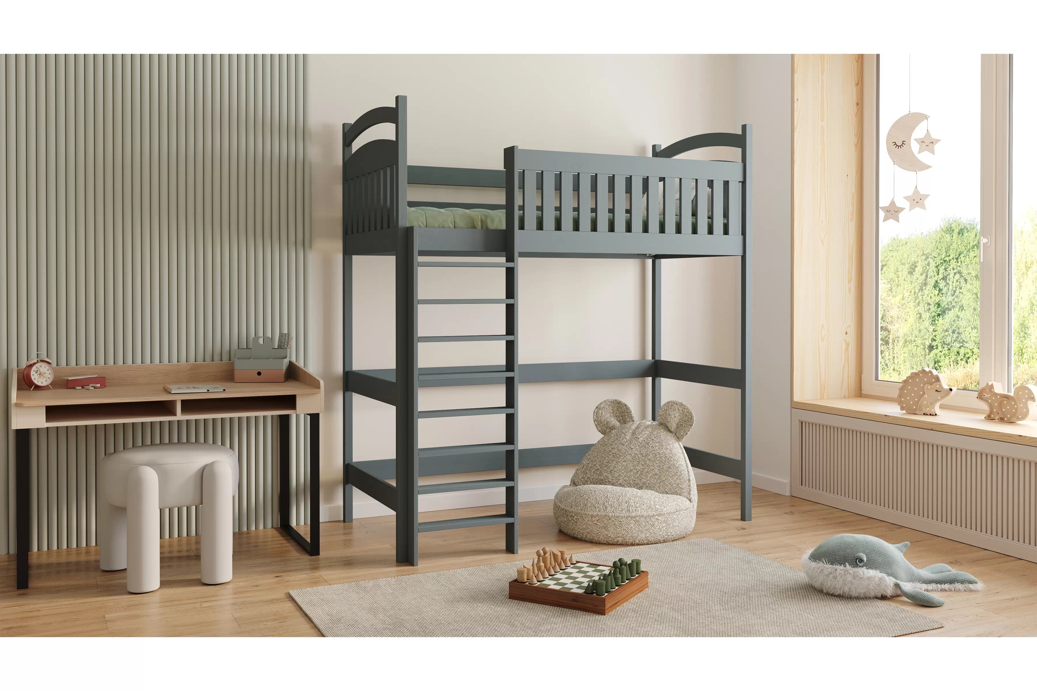 Vyvýšená detská posteľ Amely ZP 006 - Farba grafit, rozmer 90x180 Posteľ dzieciece Amely 90x180 vyvýšená - grafit