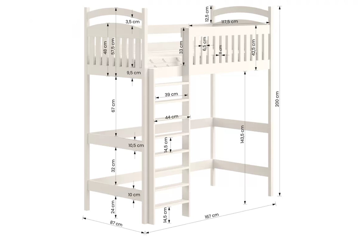 Vyvýšená detská posteľ Amely ZP 006 - Farba Biely, rozmer 80x160 Posteľ dzieciece vyvýšená Amely - Rozmery