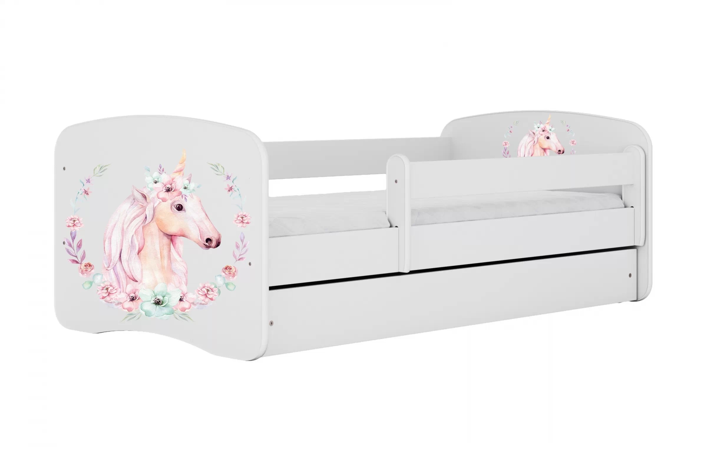 Detská posteľ Bonzo 70x140 so zásuvkou - biela / jednorožec Posteľ dzieciece Bonzo 70x140 cm z szuflada - Biely / jednorozec