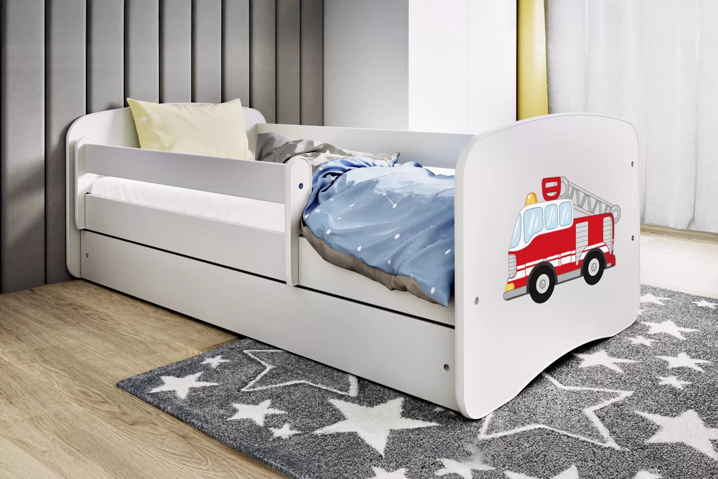 Detská posteľ Bonzo 70x140 so zásuvkou - biela / hasičské auto Posteľ dzieciece Bonzo 70x140 cm z szuflada - Biely / Stráž pozarna