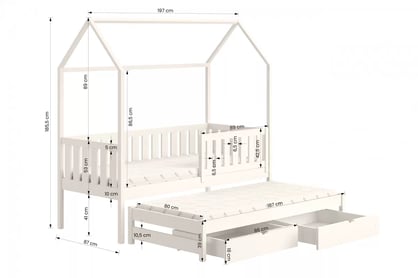 Přízemní výsuvná postel domeček Nemos 80x190 cm - bílá postel dzieciece přízemní výsuvná Nemos - Rozměry