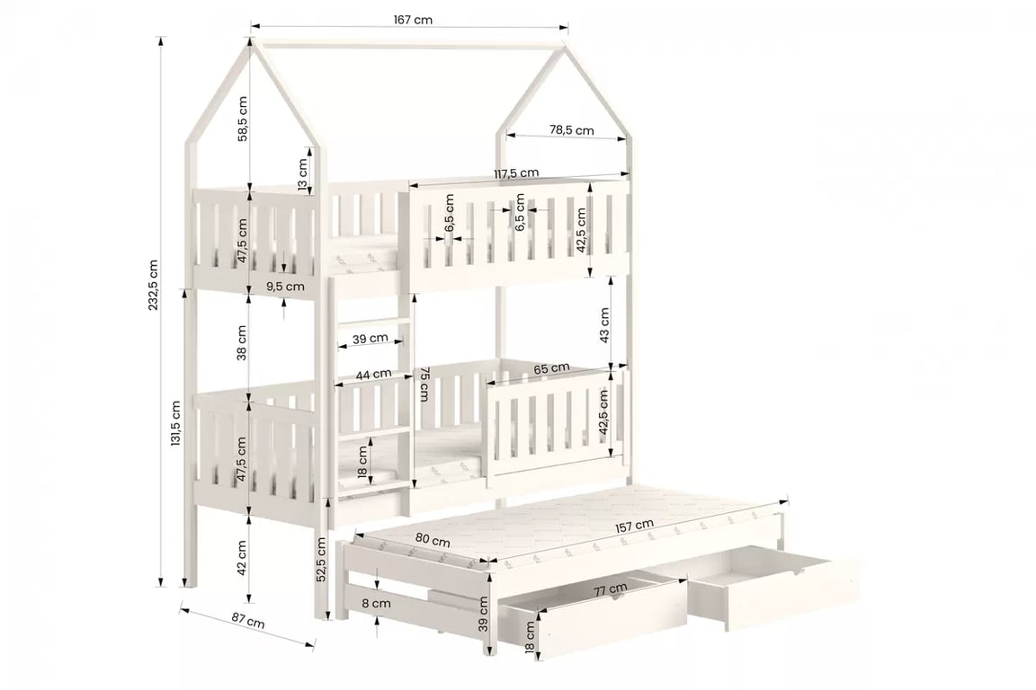 Detská poschodová posteľ domček Nemos so prístelkou 80x160 cm - biela Posteľ dzieciece poschodová s výsuvným lôžkom Nemos - Rozmery